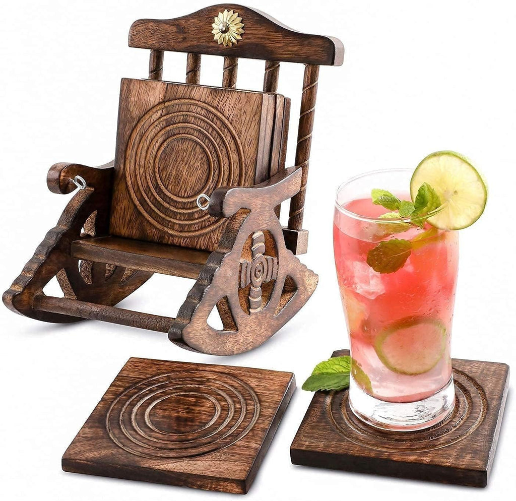 Kundi Wooden Antique Miniature Chair Shape Coaster Set | 6 Drink Coasters for Tea, Coffee, Hot & Cold Beverages | Tabletop Decor for Kitchen, Dining, Office & Restaurant