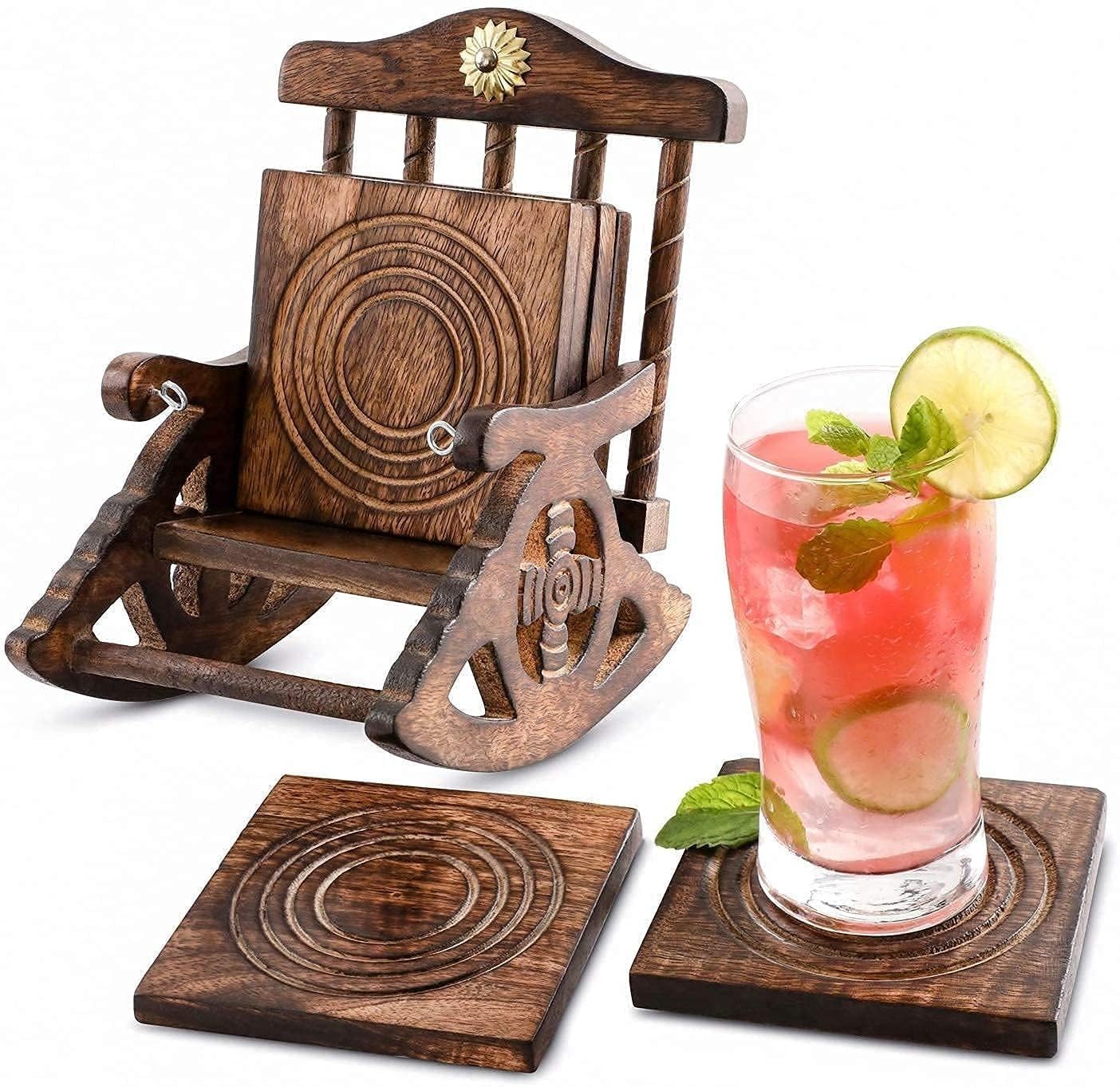 Kundi Wooden Antique Miniature Chair Shape Coaster Set | 6 Drink Coasters for Tea, Coffee, Hot & Cold Beverages | Tabletop Decor for Kitchen, Dining, Office & Restaurant