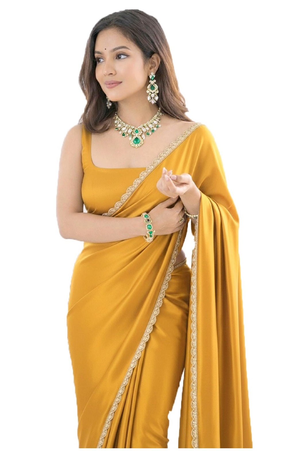SHOPAZ Ready To Wear Saree For Women Yellow Satin SIlk Readymade Stitched Scalloped Border With Unstitched Blouse