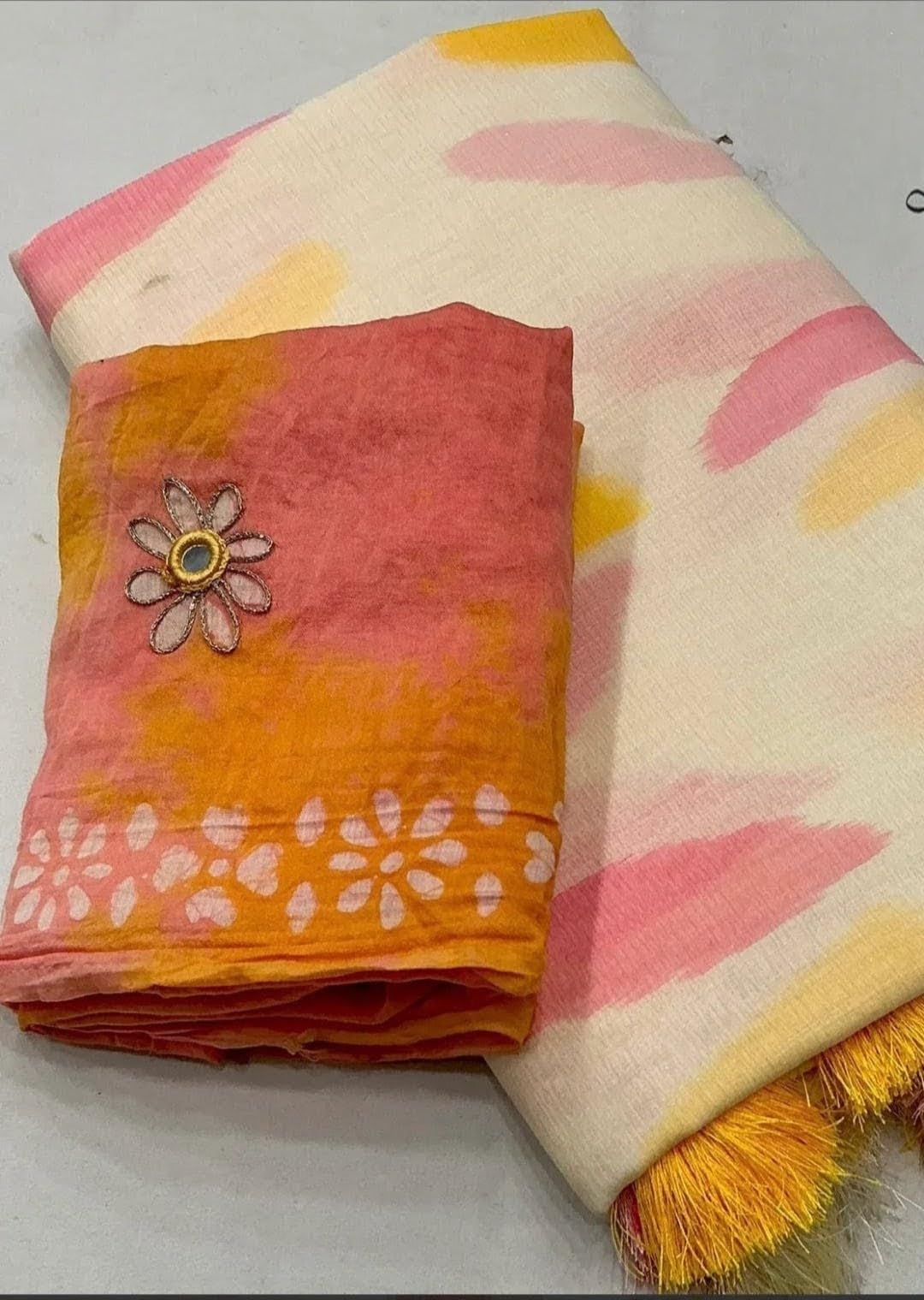 RADHIKA SAREES Pure Linen Cotton Paint Saree with Cotton Handwork Blouse, Lemonish White, Floral Embroidery