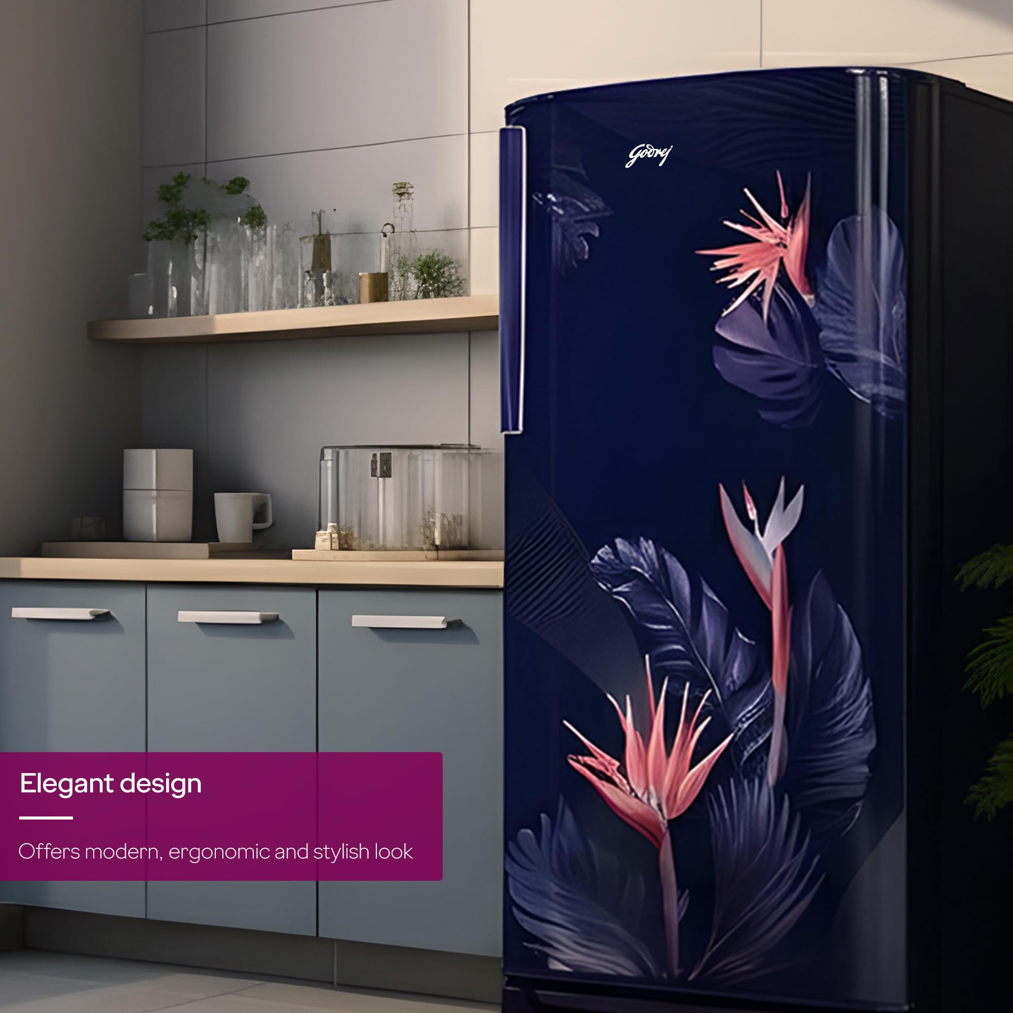 Godrej 183 L 3 Star 5 Years Comprehensive New Launch | Toughened Glass Shelves | 24 Day Farm Freshness | Jumbo Vegetable Tray | Single Door Refrigerator (RD R190CN THF FR BL, Floral Blue)