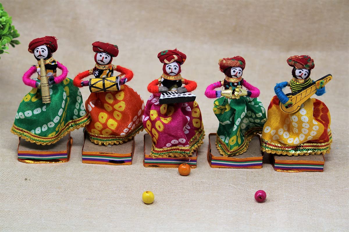 JH Gallery Recycled Material Rajasthani Home Decor Items Musician Bawla Puppets Idol Show Pieces for Home Decor 11 X 28 Cm Multicolor, 5 Pieces (Male Puppets)