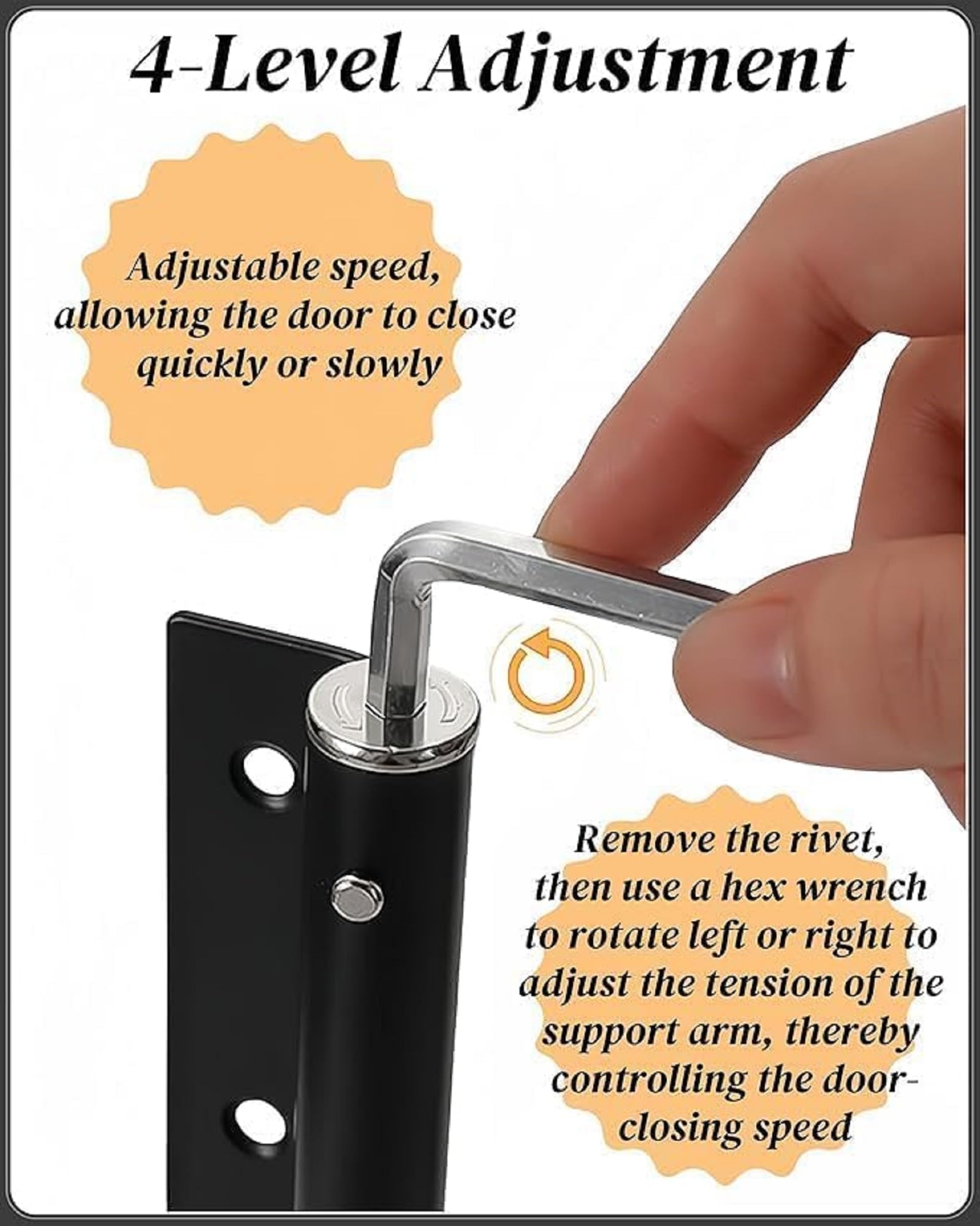 Door Closer Spring Arm with Adjustable Tension, 180 Degree Rotation, Metal Door Closing Mechanism for Left and Right Door Installation