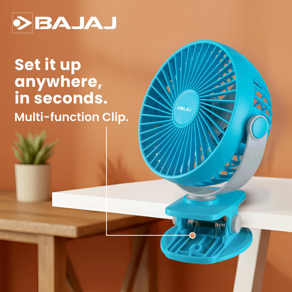 Bajaj Pygmy Mini Fan 110MM | USB Charging | Multi-Clip Function | Rechargeable | 4-Hr Back-up | Silent Operation | Longer Battery Life | Energy Efficient | Portable 【Blue】