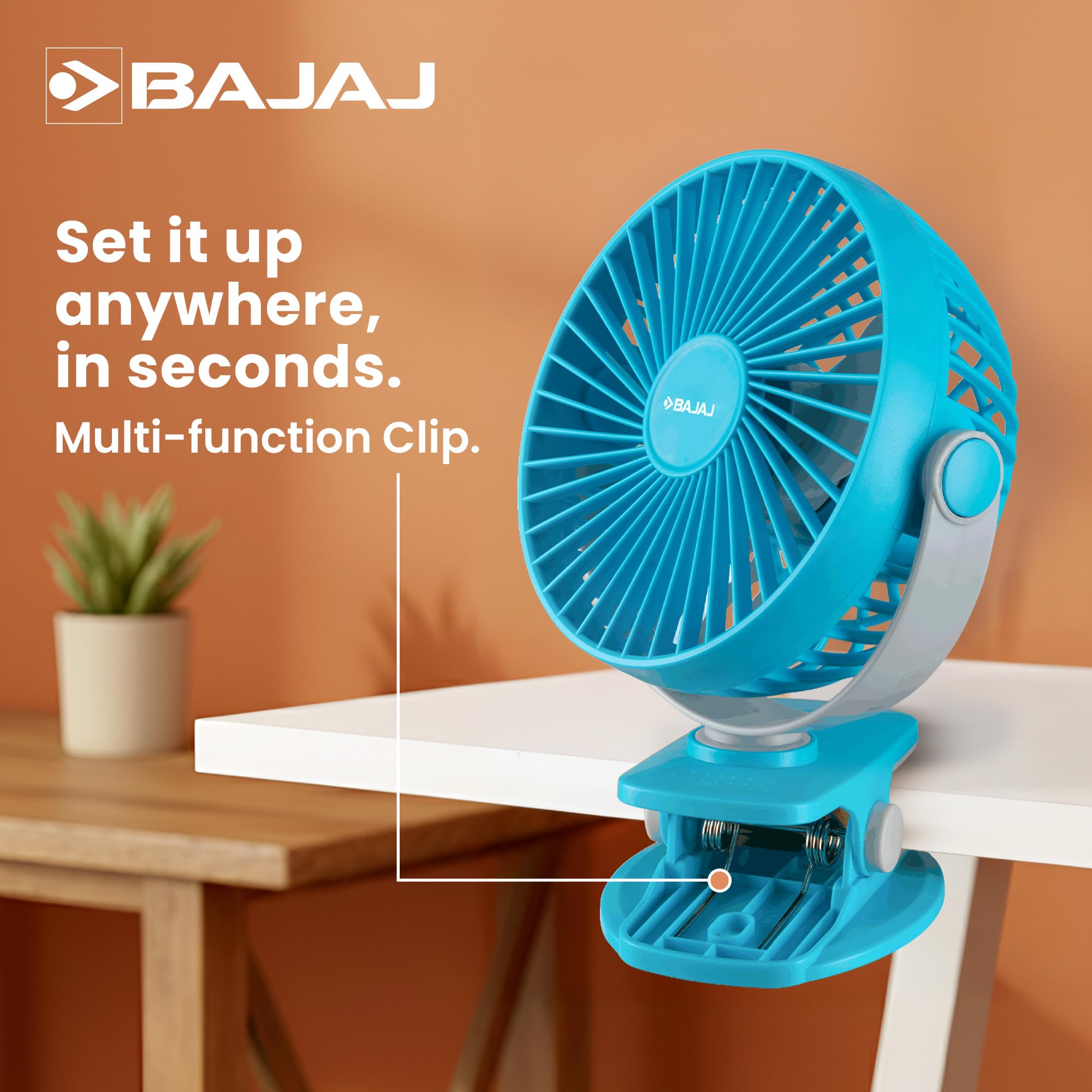 Bajaj Pygmy Mini Fan 110MM | USB Charging | Multi-Clip Function | Rechargeable | 4-Hr Back-up | Silent Operation | Longer Battery Life | Energy Efficient | Portable 【Blue】