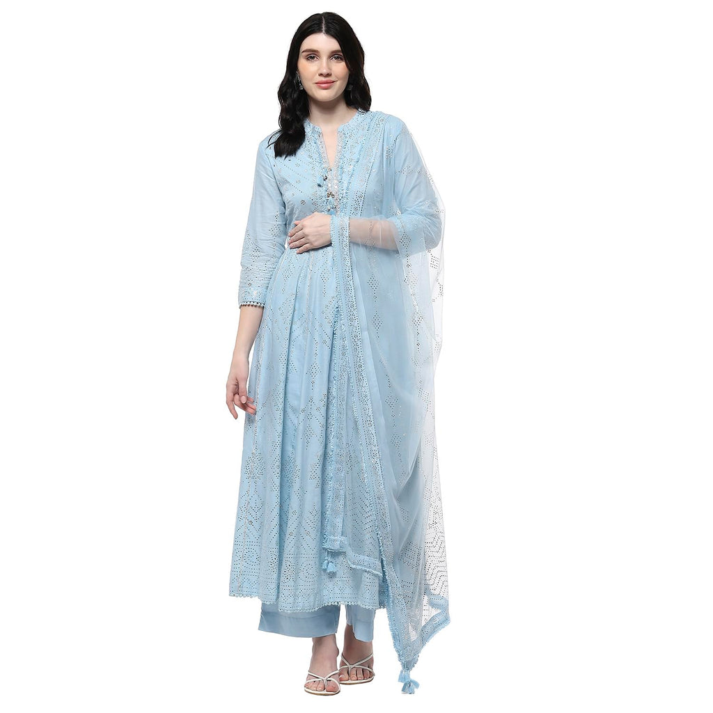 Biba Women Powder Blue Cotton Embellished Anarkali Kurta Set_36