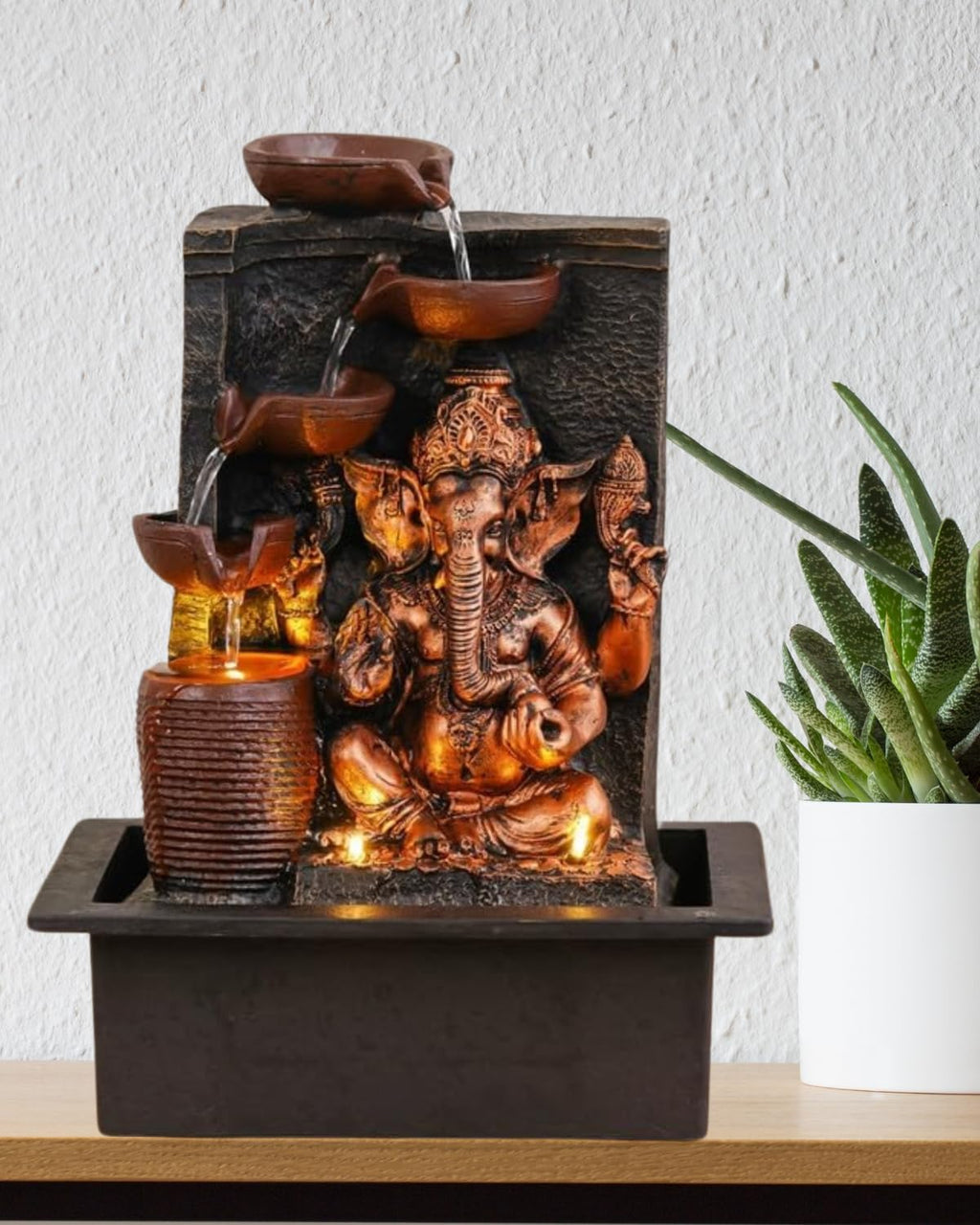 UAG Exports Tabletop Indoor Water Fountain/Waterfall 4-Diya Ganesha Fountain with LED Light & Water Flow Controller Pump for Home Decor, Office, Bedroom, Gifting (Size: 40x30x22CM | Weight: 2075grm)