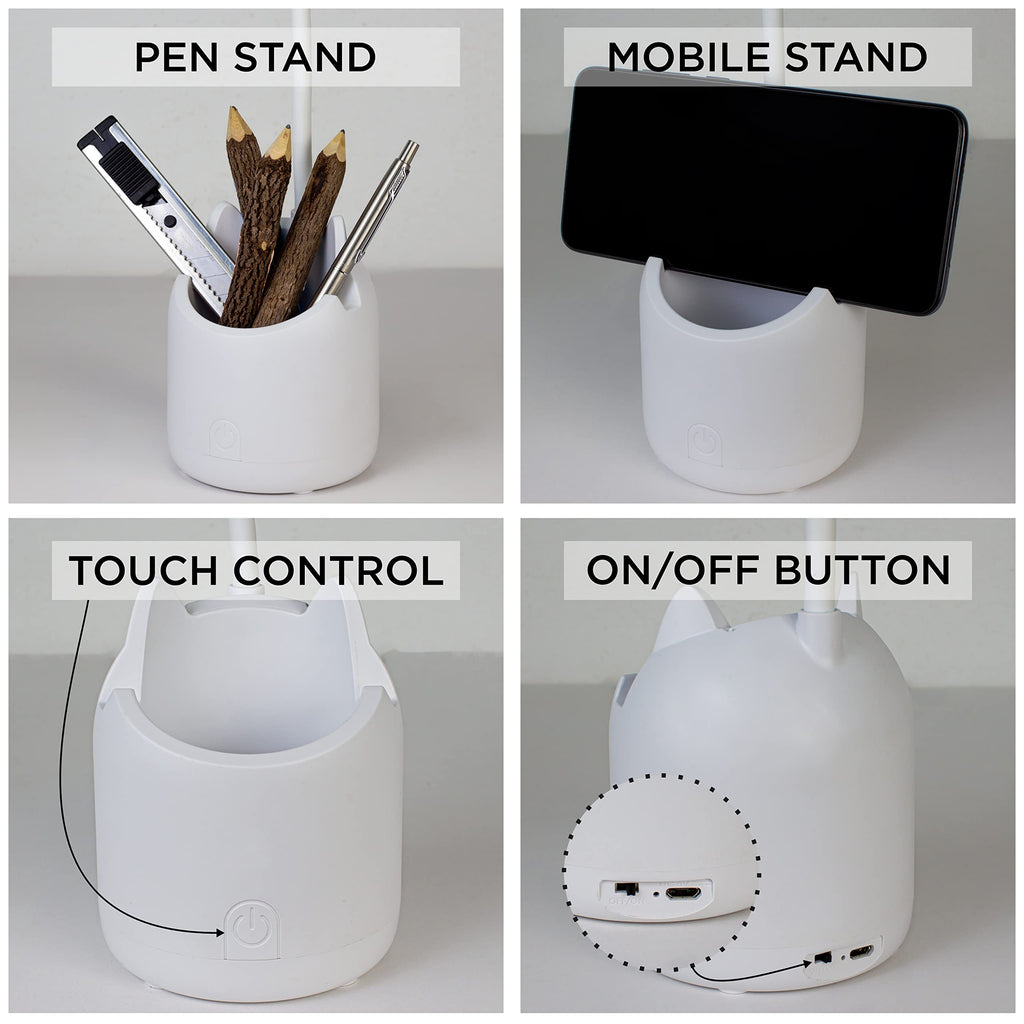 WEIRD WOLF Study Lamp with 3 Colour Modes & Adjustable Brightness Levels | Table Lamp for Study Room with Gooseneck, Pen & Mobile Holder | Rechargeable 1200mAh Battery | 6 Month Warranty
