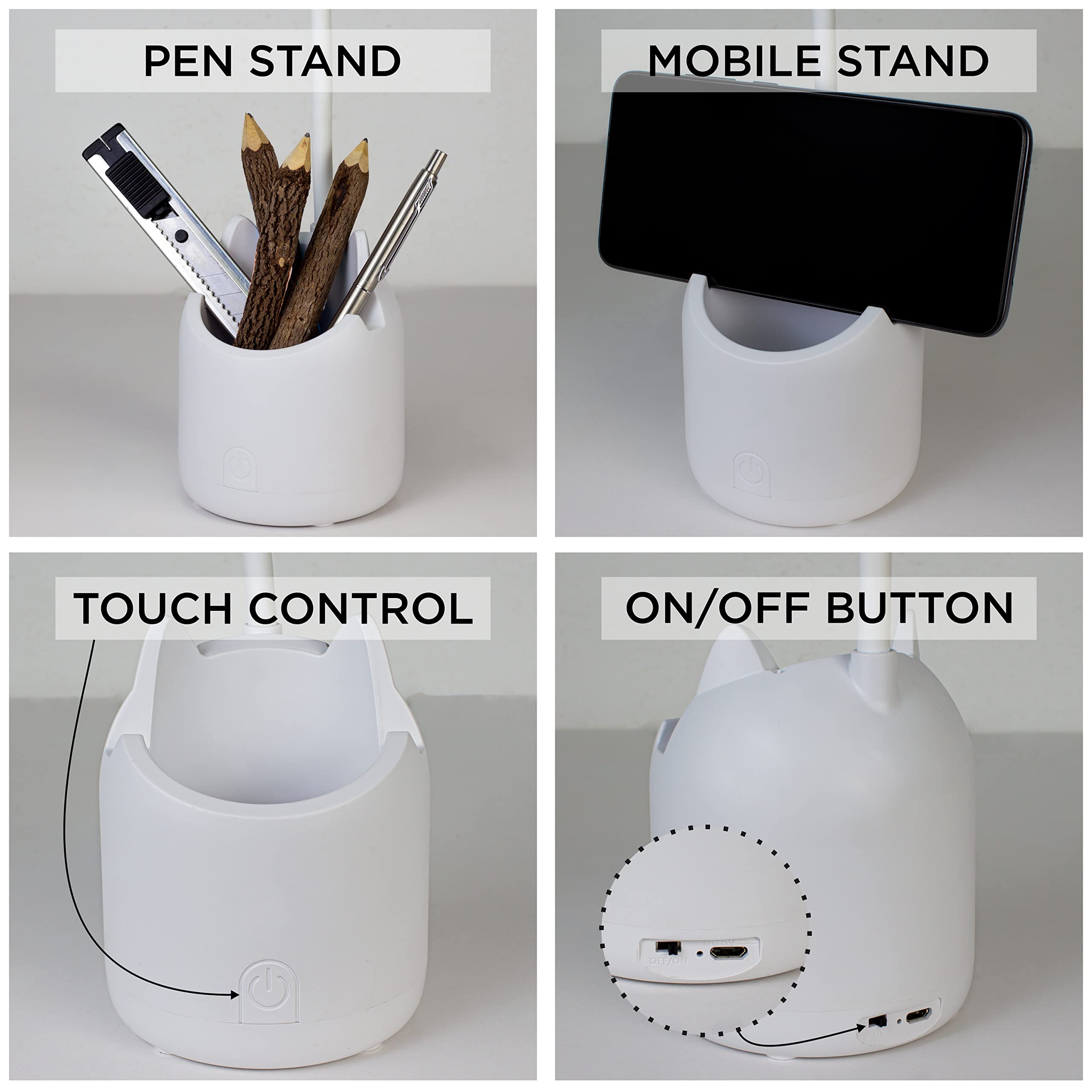WEIRD WOLF Study Lamp with 3 Colour Modes & Adjustable Brightness Levels | Table Lamp for Study Room with Gooseneck, Pen & Mobile Holder | Rechargeable 1200mAh Battery | 6 Month Warranty