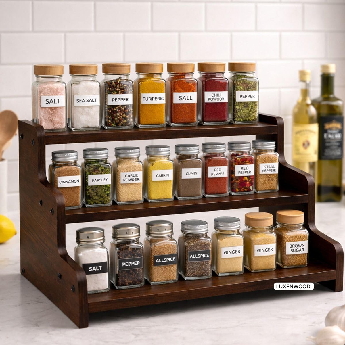 3 Tier Wooden Kitchen Organizer Rack for Countertop | Wooden Spice Rack Stand for Kitchen Counter | Kitchen Shelf Organizer & Cabinet Shelf Riser | Decorative Masala Rack Storage Stand | Dark Brown