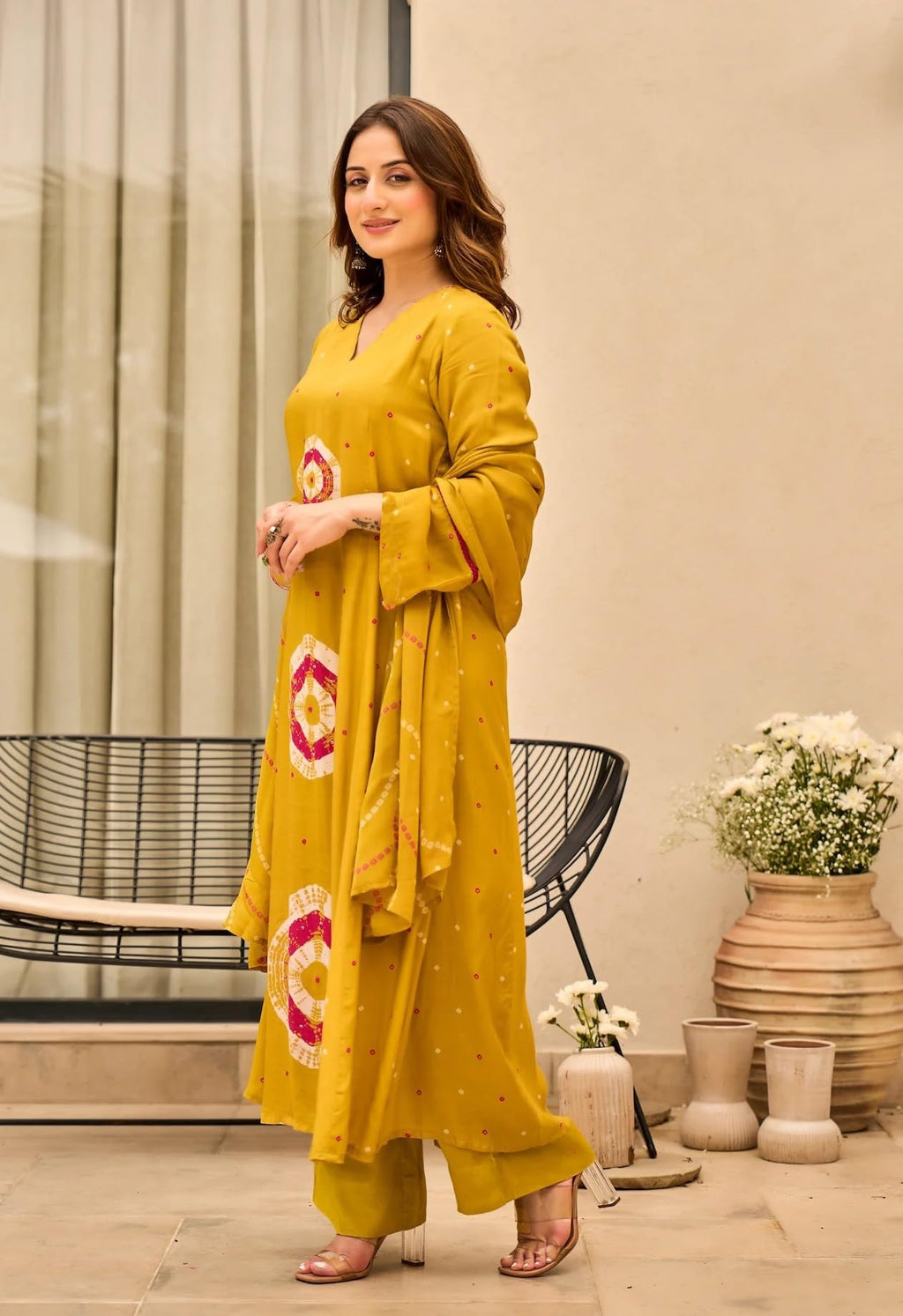 Nermosa Women Pure Cotton Kurta Pant Dupatta Set | Summer Friendly Ethnic Suit Set for Women | V-Neck Printed Kurti with Matching Pants & Dupatta | Casual & Office Wear (IN, Alpha, 2XL, Yellow)