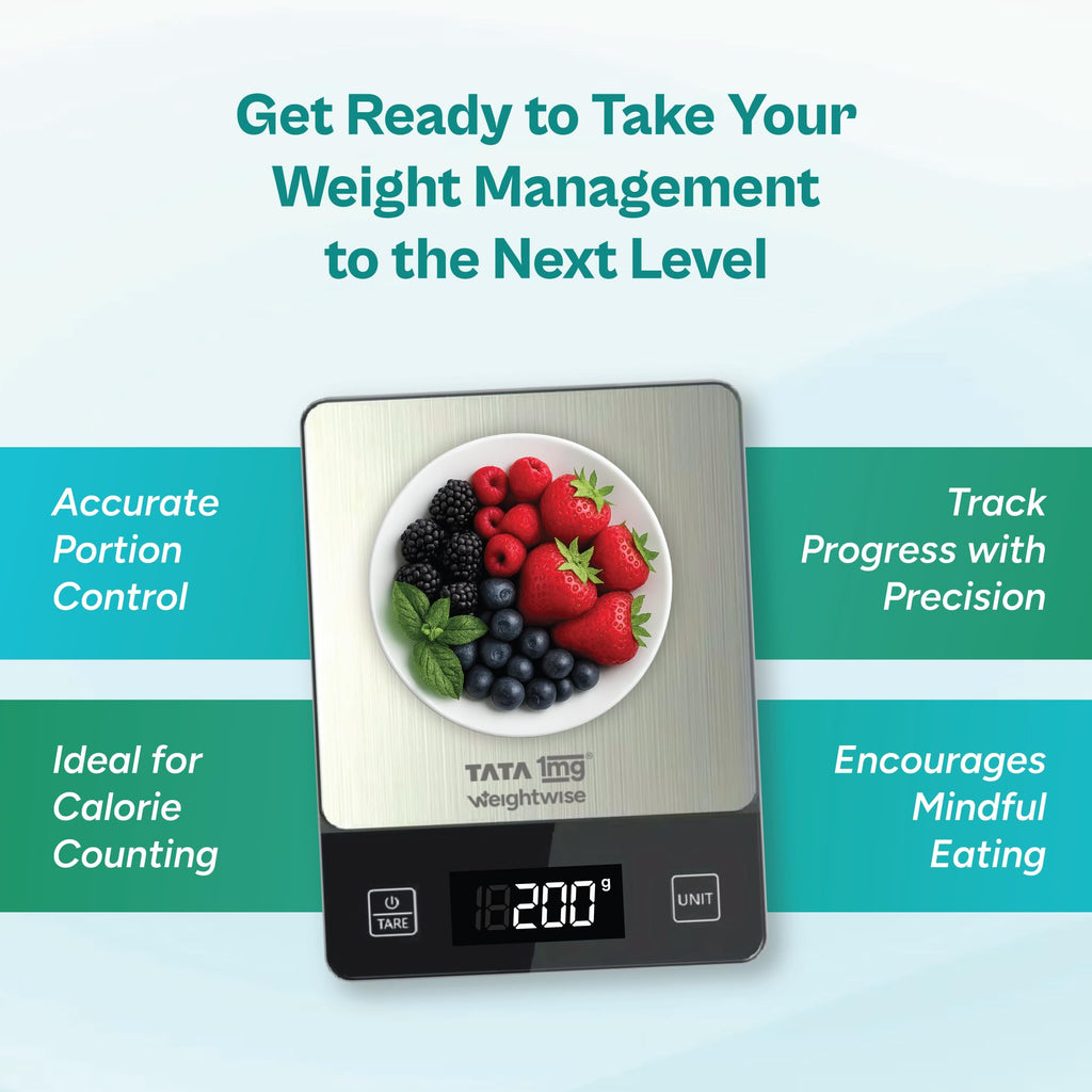 Tata 1mg Weightwise Kitchen Weighing Scale | 1g Precision | Stainless Steel | Max Capacity 5 kg | Auto Power-Off Feature | Ideal for Daily Diet Tracking, Portion Control and Weight Management Goals