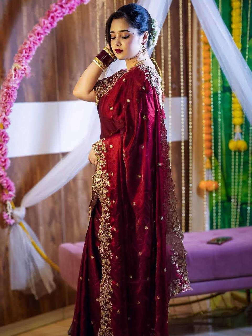 Sareya Veela Designer Sequins and Jari Thread Embroidery Work Saree with Elegant Border and Intricate Cutwork Detailing for Festive Wedding (Maroon)