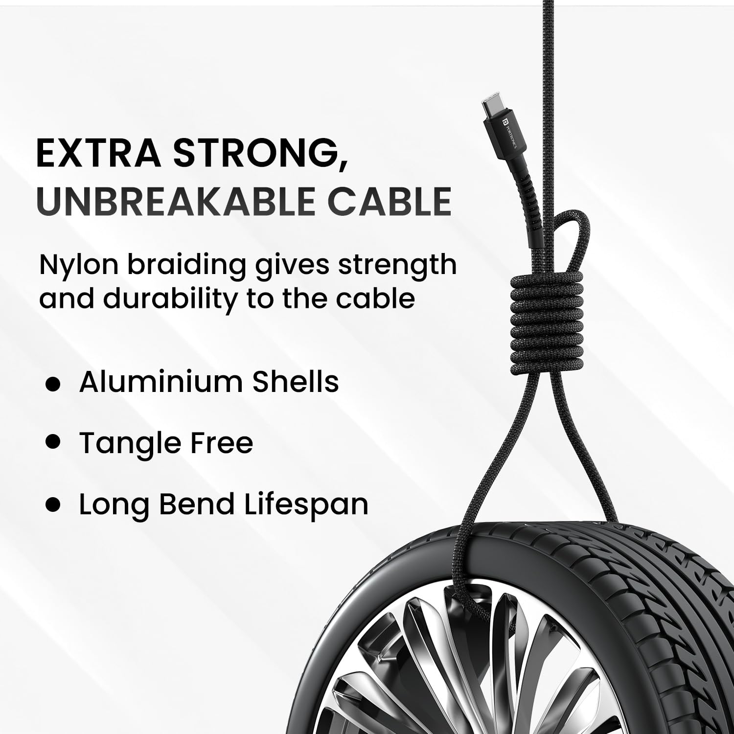 Portronics Konnect X 60W Unbreakable Nylon Braided Cable, 2M Fast Charging Cable For iPhone 15 Series, iPad, Samsung Galaxy (Black)