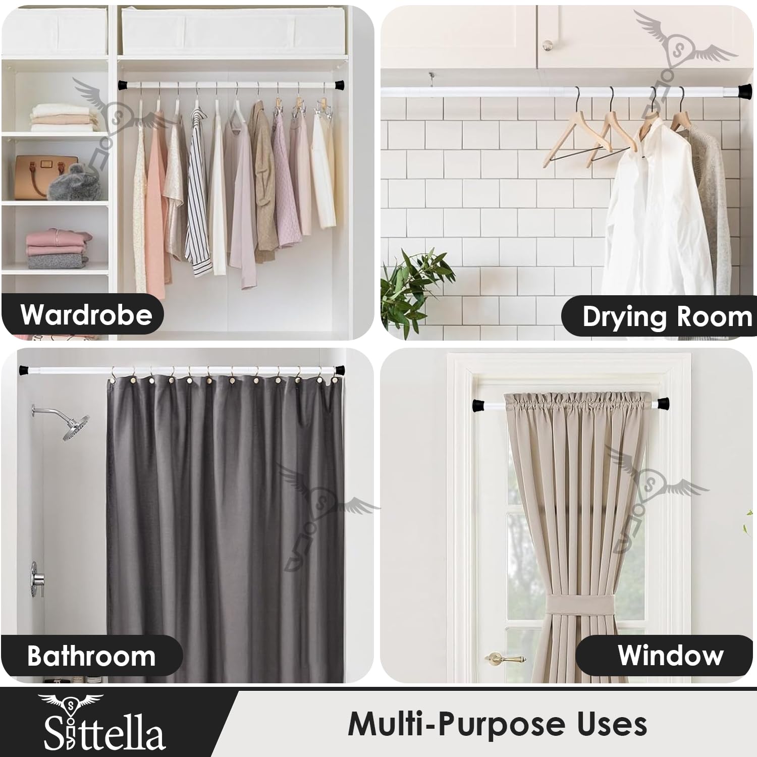 SITTELLA® (85Cm To 140Cm) Extendable Shower Curtain Tension Rod Non-Drilling Anti-Skid Spring Pull Rod -Stainless Steel, Silver-Black