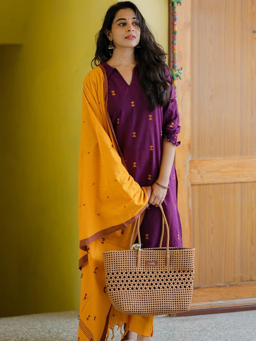 GoSriKi Women's Viscose Foal Work Straight Kurta with Pant & Dupatta (Vaidhik Magenta-GS_L_Magenta_Large)