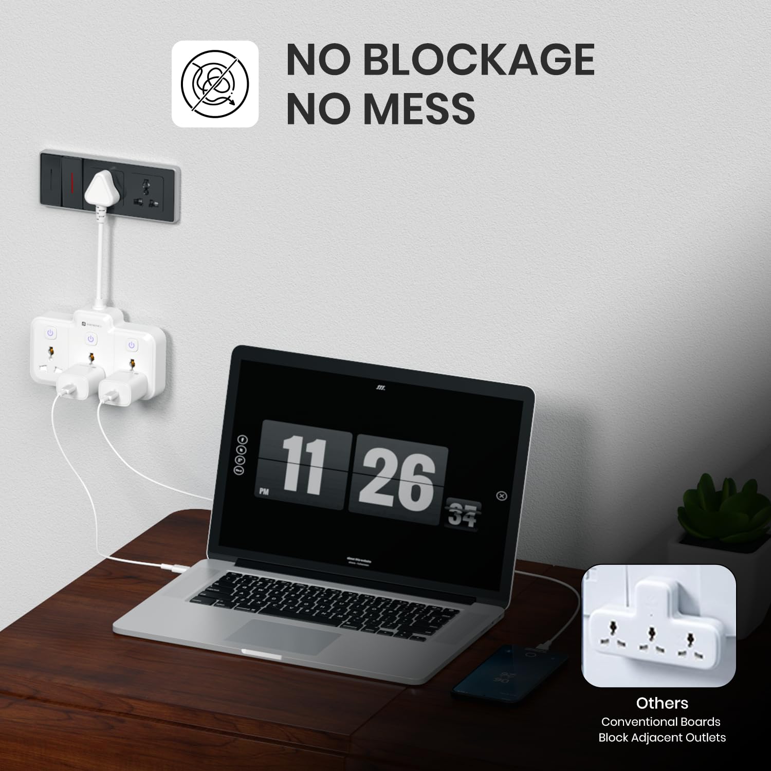 Portronics 2500W Power Plate Nano 3-in-1 Power Extender with 3 Universal Sockets, Individual Switches, 180° Flexible Cord, Child Safety Shutters, for Home, Office, Laptops, Mobiles & Appliances