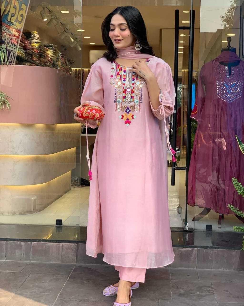 AayuKreations Women's Cotton Mirror Work Embroidered Straight Kurti With Pant and Dupatta Set (Baby Pink-L)