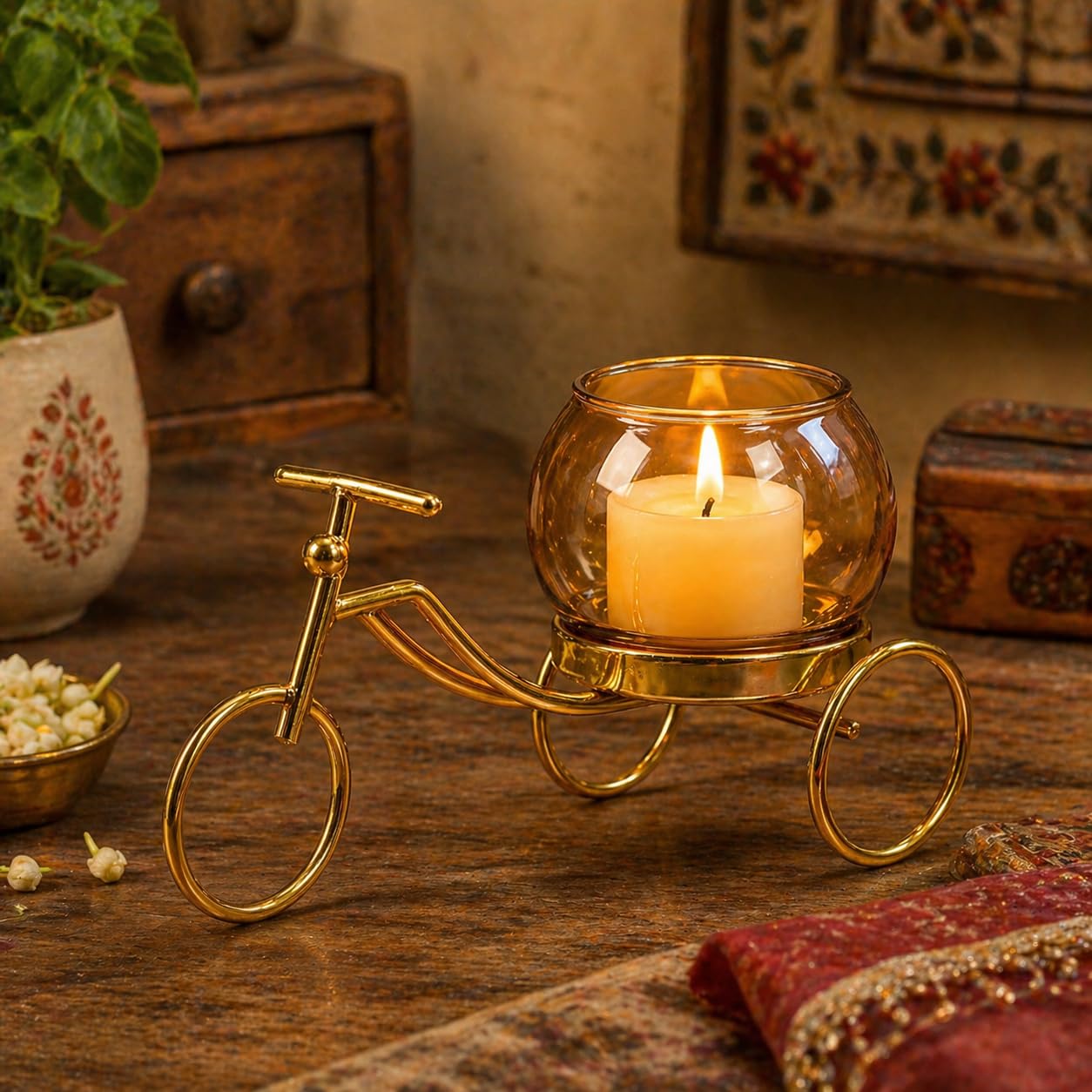 CentraLit Decorative Metal Tricycle Candle Holder with Glass Bowl | Gold Tea Light Holder Stand, Vase for Home Decor, Decorative Plant Pot for Living Room, Aesthetic Home Decor Item & Return Gift