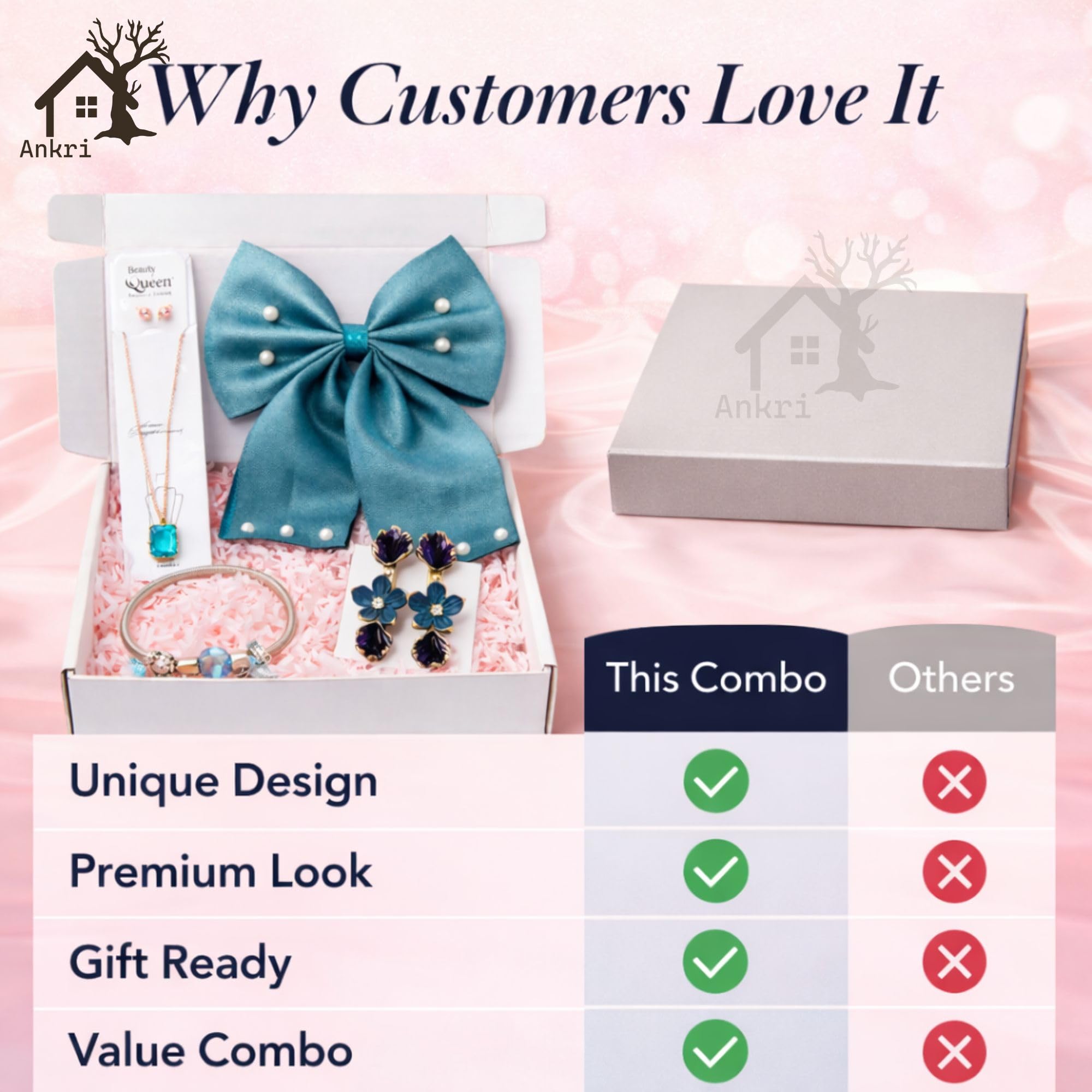 5 Pcs Trendy Hair Accessories & Jewelry Gift Set for Girls & Women, Hair Bow, Jewellery Set, Pendant Necklace with Earrings, Flower Hair Pins, Charm Bracelet, White Gift Box Included, Random Designs as per Latest Trend