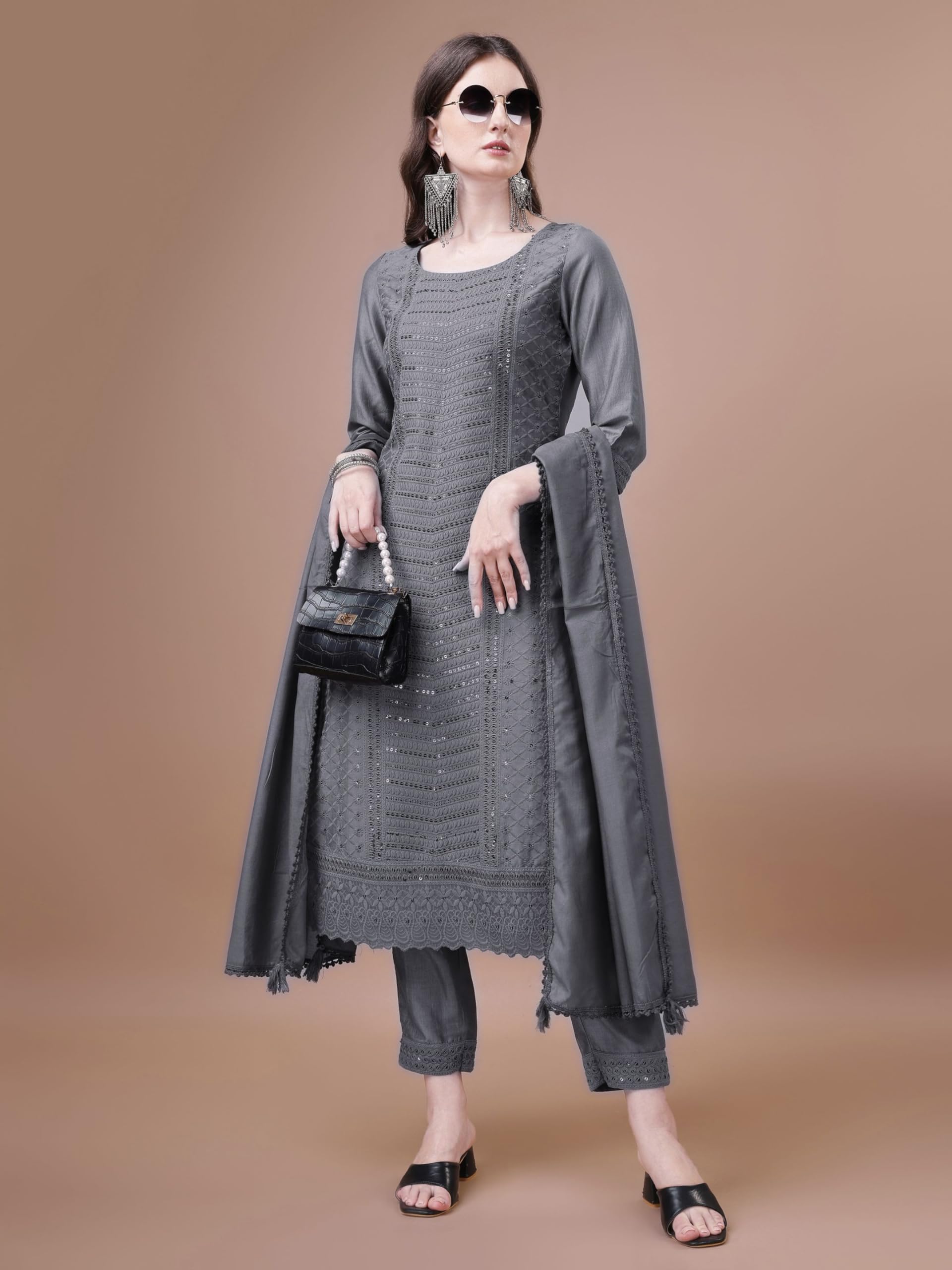 SHOPPING QUEEN Women's Silk Chikankari Kurta Pant with Dupatta (A526_Dim Grey_M)