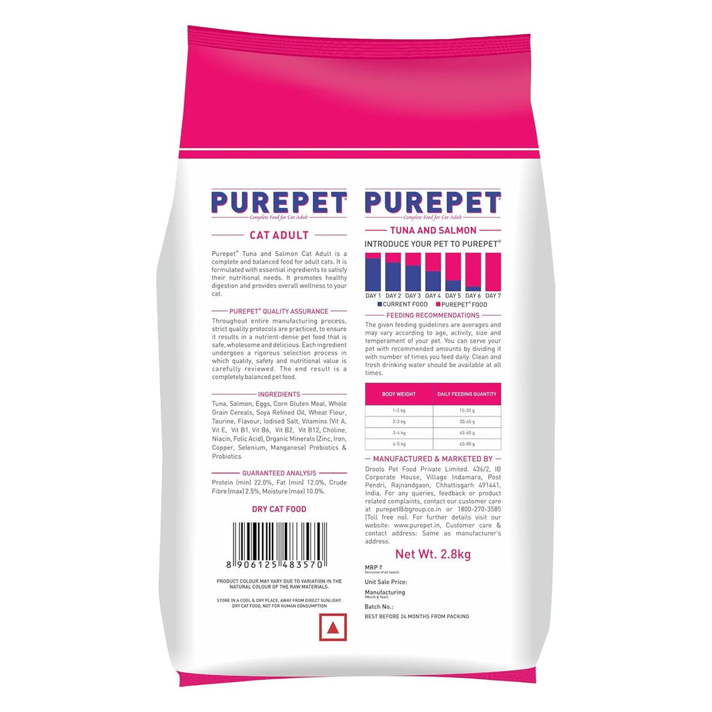 Purepet Adult Dry Cat Food 1kg | Tuna & Salmon Flavour | Hairball Protection | Heart Care with Taurine | Skin Health