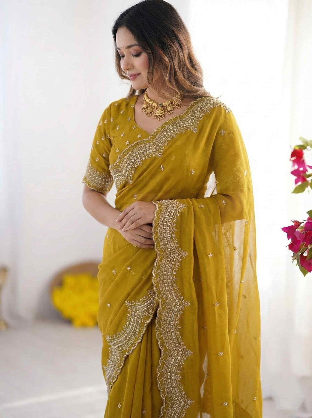 Shiv Textiles Women's Star Georgette Embroidery Work (CM-939-YELLOW)