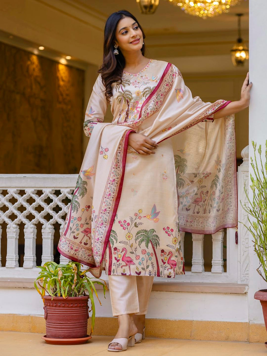 VredeVogel Women's Beads Embroidered Viscose Assam Silk Kurta Pant Set with Printed Dupatta | Festive & Casual Ethnic Kurta Sets for Women (Cream-M)