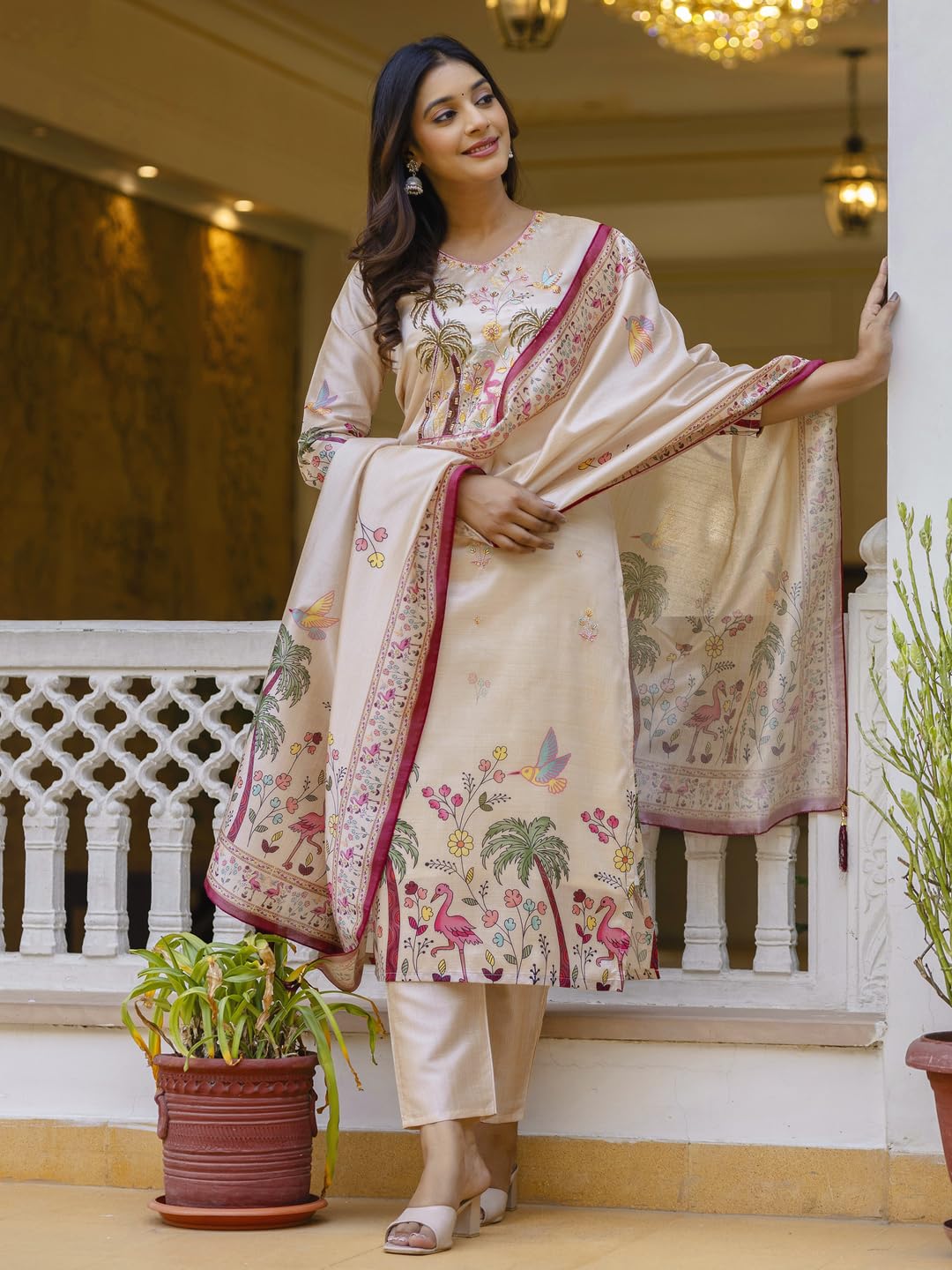 VredeVogel Women's Beads Embroidered Viscose Assam Silk Kurta Pant Set with Printed Dupatta | Festive & Casual Ethnic Kurta Sets for Women (Cream-M)