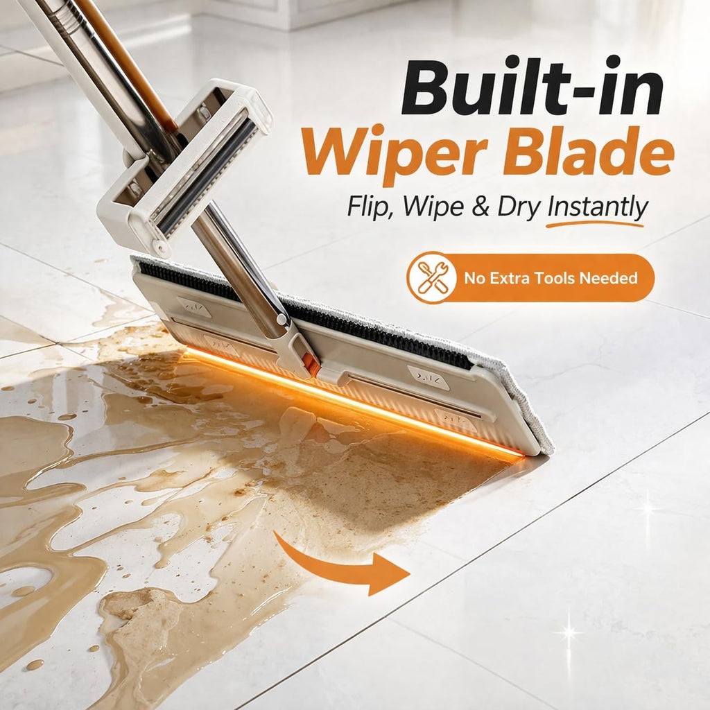 JAPERO Flat Mop for Floor Cleaning with 3 Refill Pads, Microfibre Mop for Home with 360° Swivel Head, Hands-Free Slider Squeeze, Bucket-Less Design, Wet & Dry Floor Cleaning Mop