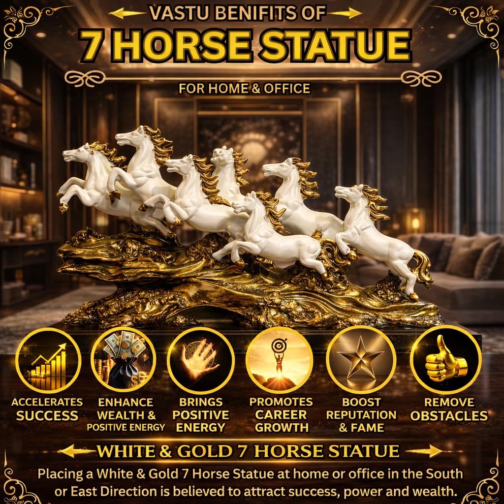 UAG EXPORTS PRIVATE LIMITED White 19 Inch Running 7 Victory Horses Resin Statue for Vastu and Feng Shui | Home Office Living Room Decor Showpiece
