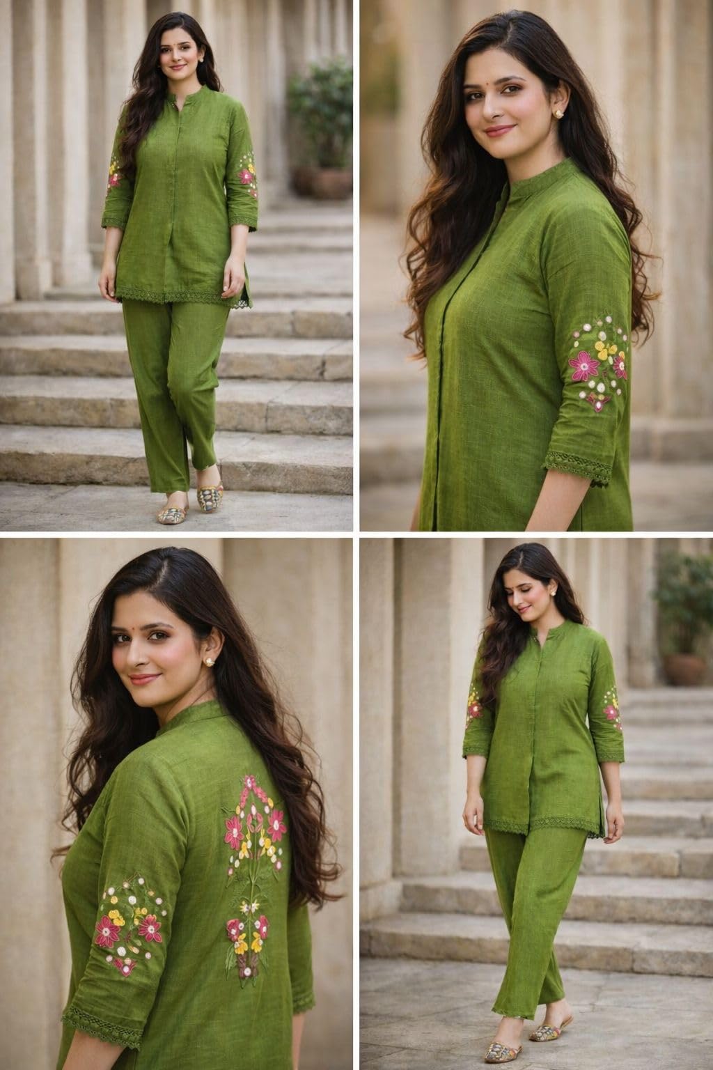 A2 Cloth Women's Pure Cotton Co-Ord Set, Green Kurta with Pant, Floral Embroidered 3/4 Sleeve, Stylish Pocket Design (in, Alpha, L)