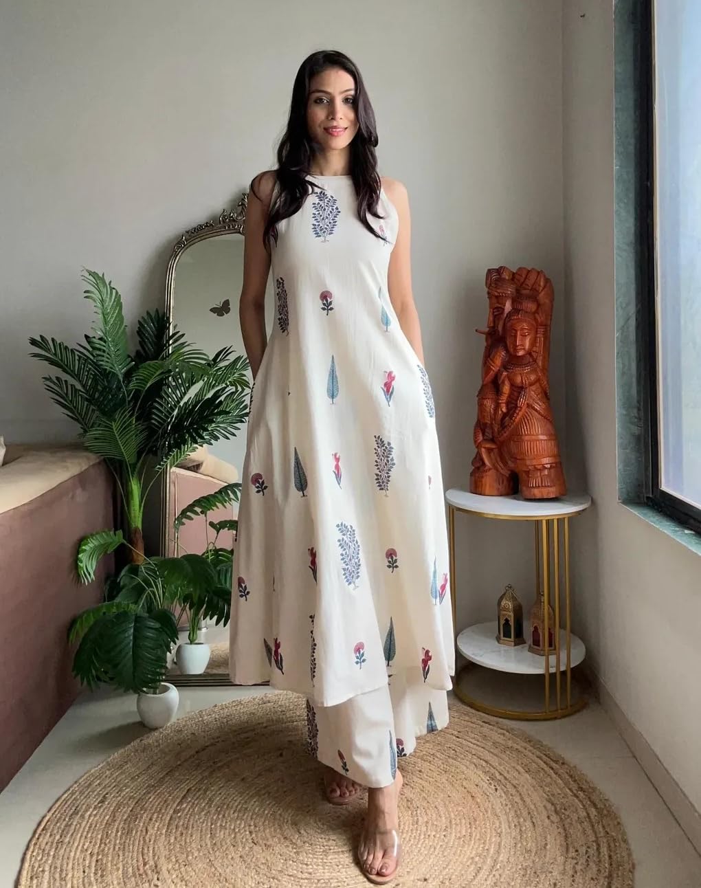 Klosia Women Pure Cotton Kurta Palazzo Set | Sleeveless Printed Kurta with Palazzo Pants | Summer Friendly, Office Wear Co-Ord Sets