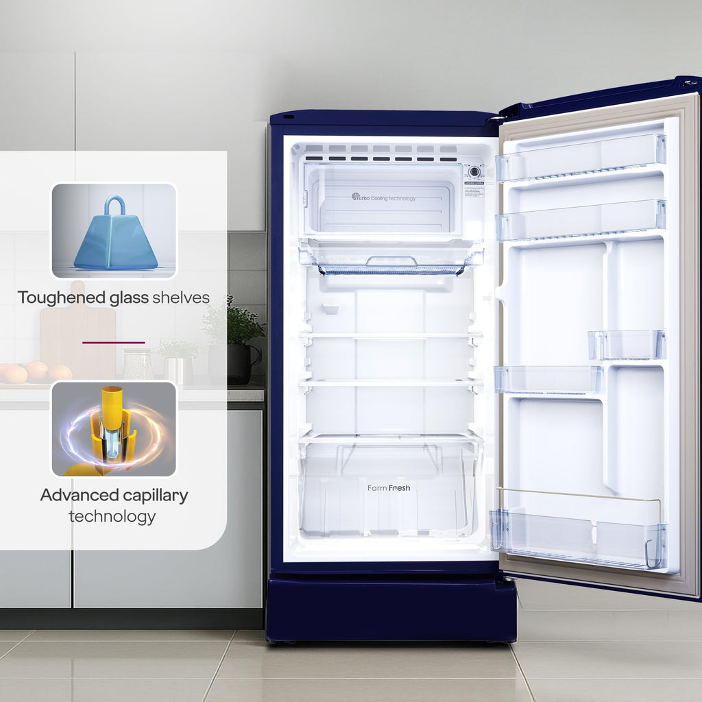 Godrej 183 L 3 Star 5 Years Comprehensive New Launch | Toughened Glass Shelves | 24 Day Farm Freshness | Jumbo Vegetable Tray | Single Door Refrigerator (RD R190CN THF FR BL, Floral Blue)