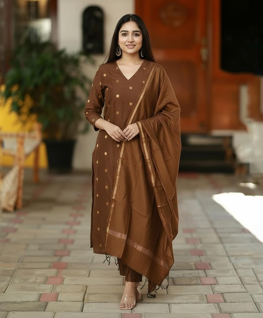 GoSriKi Women's Rayon Viscose Printed Straight Kurta with Pant & Dupatta (SDF BROWN-VKS01-GS_XXL_BROWN_XX-Large)