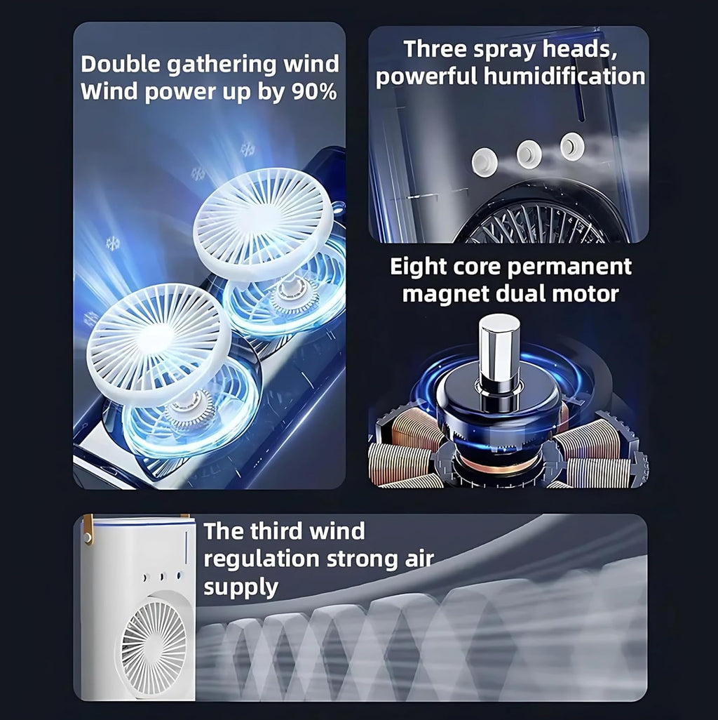 Portable Air Cooler Fan with Mist Function, Dual Fan Design, 700ml Water Tank, USB Powered, Remote Control, LED Light, Timer Settings, Carry Handle (Double Ended Spray Air Cooler Fan)