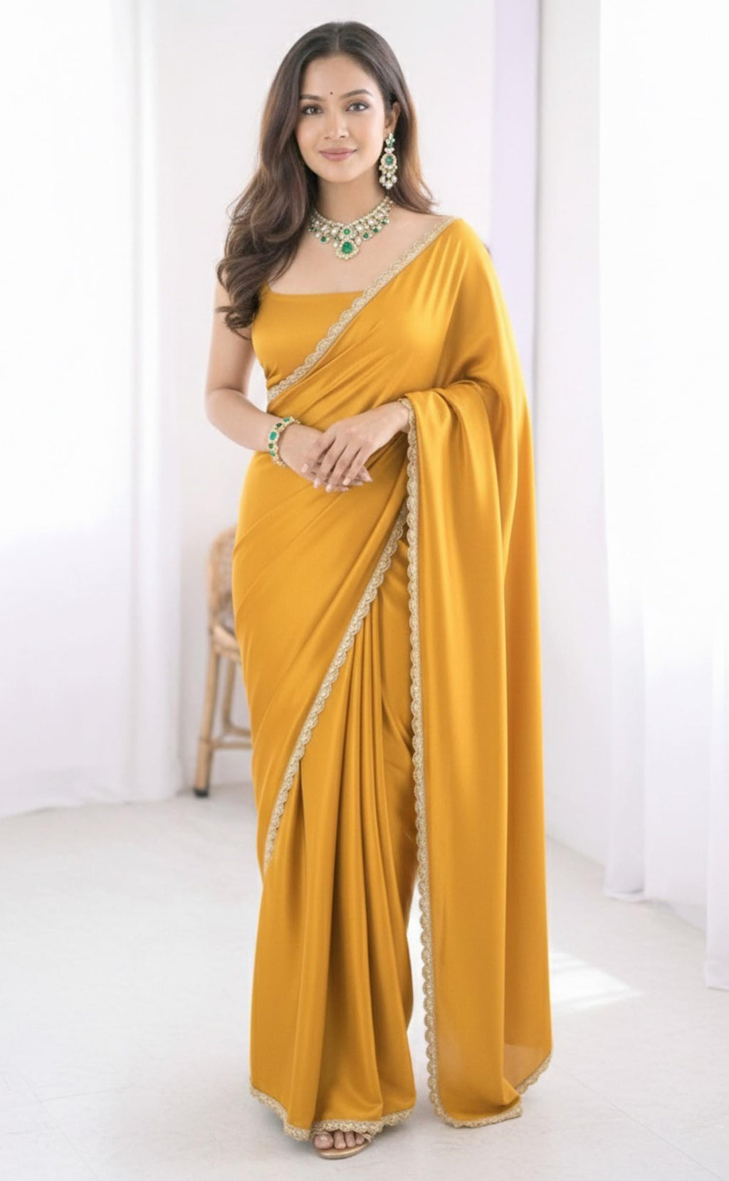 SHOPAZ Ready To Wear Saree For Women Yellow Satin SIlk Readymade Stitched Scalloped Border With Unstitched Blouse