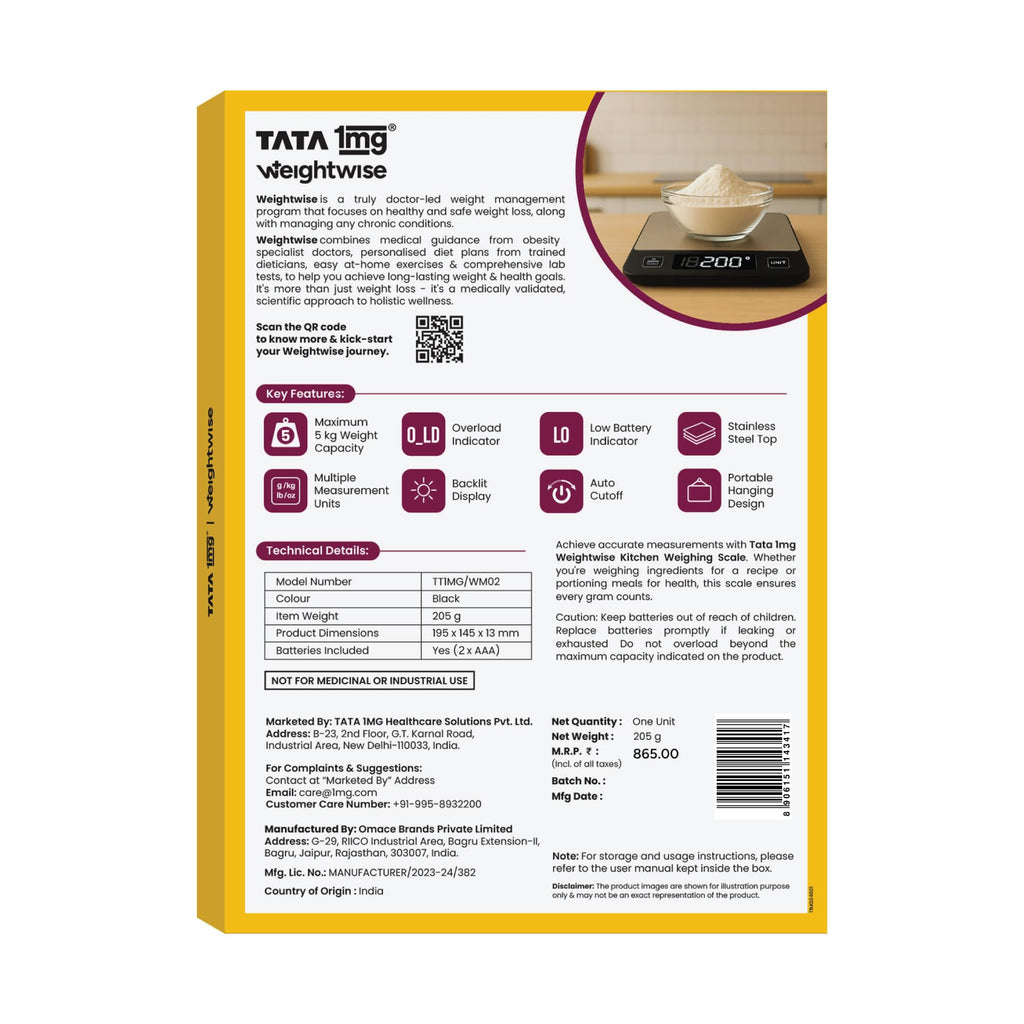 Tata 1mg Weightwise Kitchen Weighing Scale | 1g Precision | Stainless Steel | Max Capacity 5 kg | Auto Power-Off Feature | Ideal for Daily Diet Tracking, Portion Control and Weight Management Goals