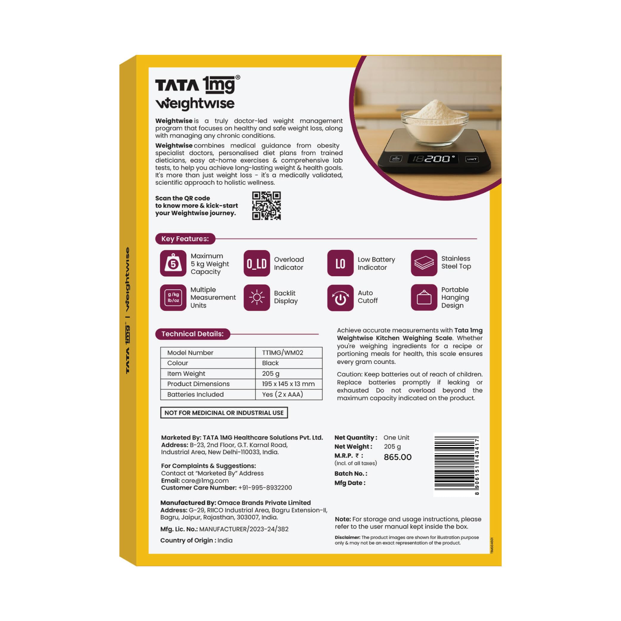 Tata 1mg Weightwise Kitchen Weighing Scale | 1g Precision | Stainless Steel | Max Capacity 5 kg | Auto Power-Off Feature | Ideal for Daily Diet Tracking, Portion Control and Weight Management Goals