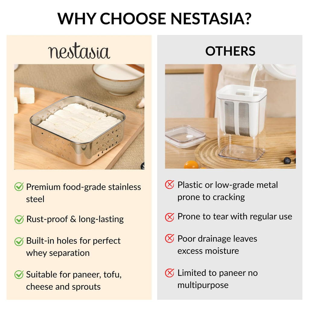 Nestasia Large Stainless Steel Paneer Maker (550 ml) - Square Paneer Maker Mould Press with Lid | Rust Resistant Medium Paneer Strainer - Perfect for Fresh Paneer, Tofu & Sprouts