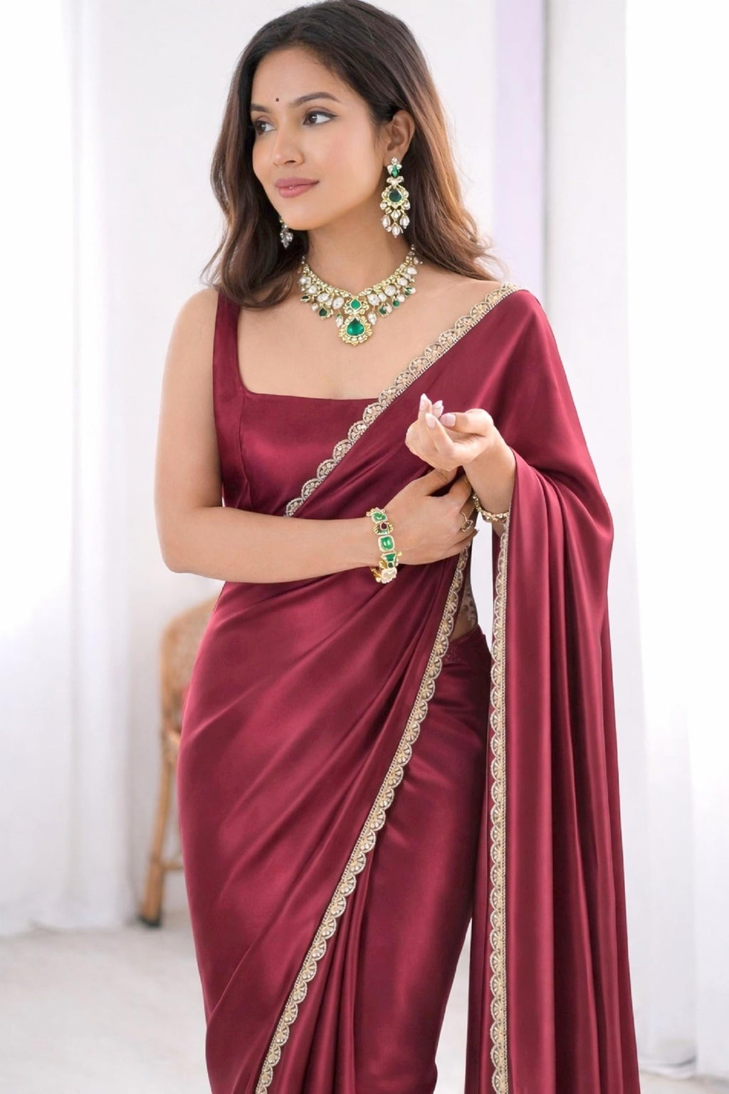 SHOPAZ Ready To Wear Saree For Women Maroon Red Satin SIlk Readymade Stitched Scalloped Border With Unstitched Blouse