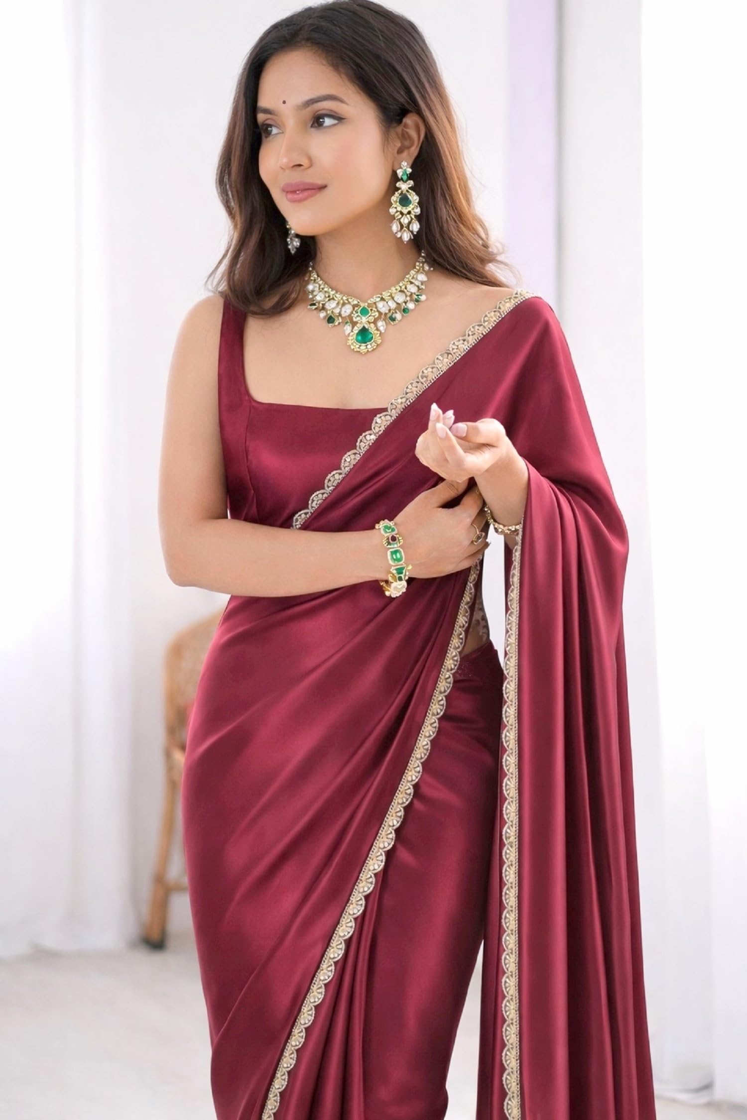 SHOPAZ Ready To Wear Saree For Women Maroon Red Satin SIlk Readymade Stitched Scalloped Border With Unstitched Blouse