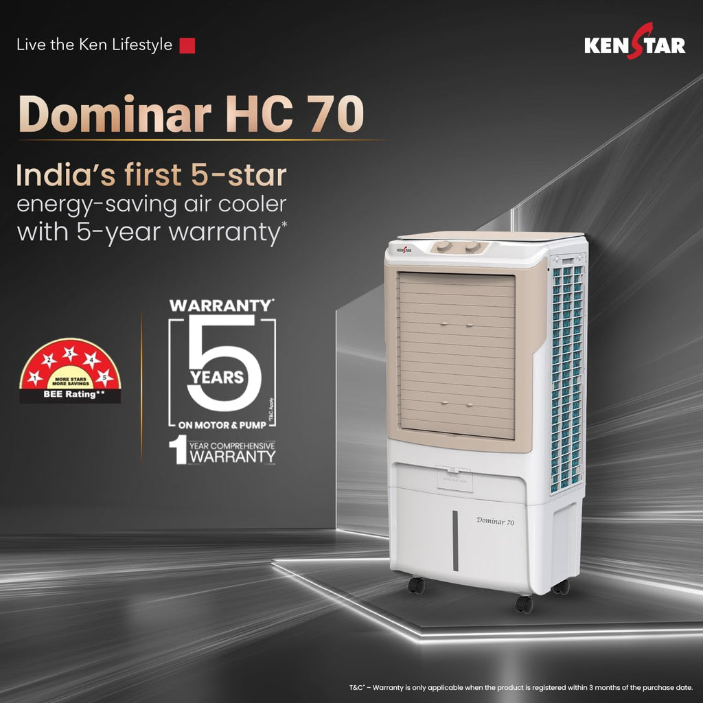 Kenstar Dominar HC 70 Desert Air Cooler|70L Tank|5-Star BEE Rated|5-Year Warranty on Pump & Motor|50 ft Air Throw|Honeycomb Cooling Pads|Ice Chamber|Water Level Indicator I 16-Inch Fan I White & beige