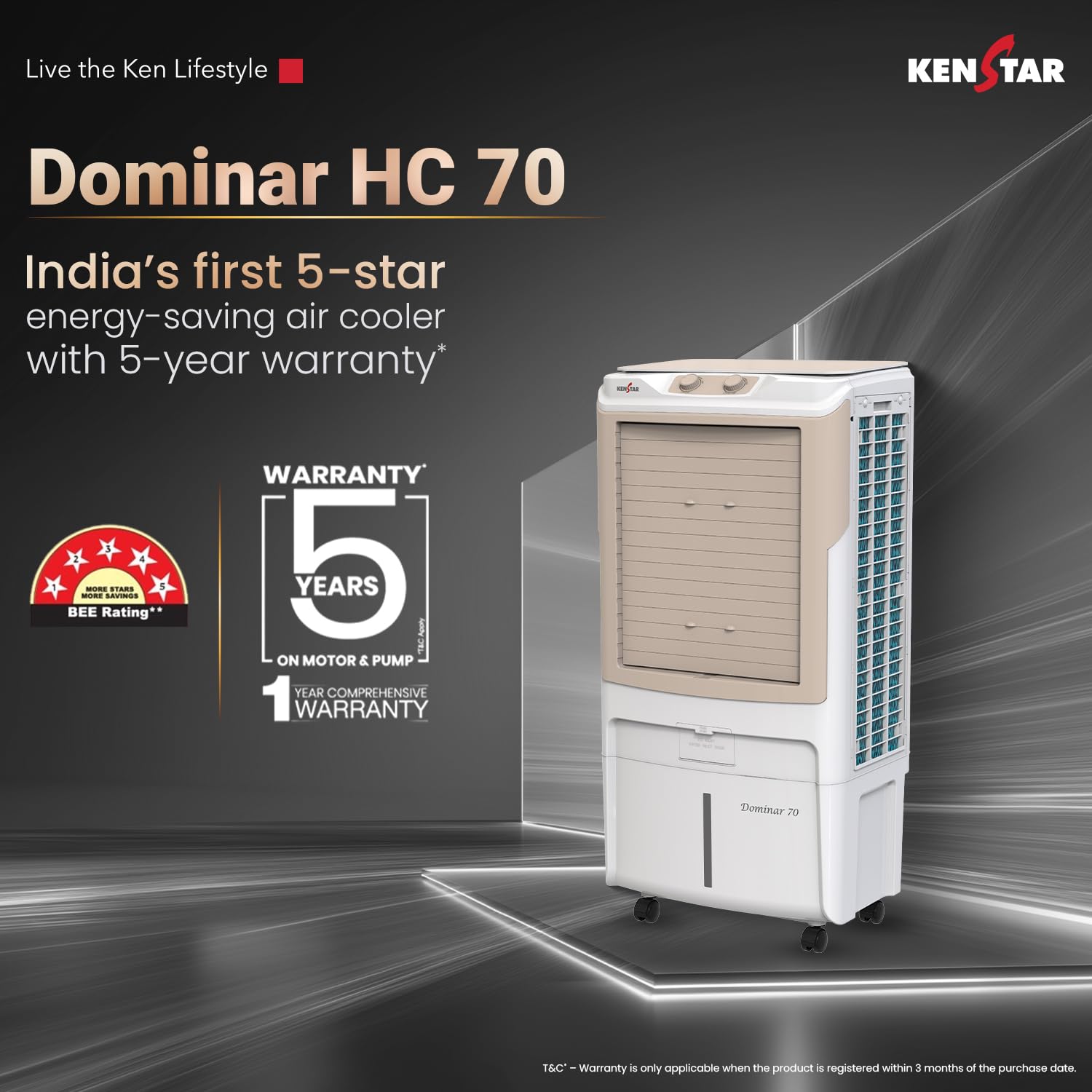 Kenstar Dominar HC 70 Desert Air Cooler|70L Tank|5-Star BEE Rated|5-Year Warranty on Pump & Motor|50 ft Air Throw|Honeycomb Cooling Pads|Ice Chamber|Water Level Indicator I 16-Inch Fan I White & beige