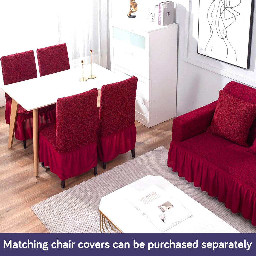 HOKIPO 3 Seater Sofa Cover Stretchable Jacquard Fabric | Elastic Bottom Slipcover with Frill Skirt | Thick 240 GSM Couch Cover | Washable Living Room Sofa Protector, Wine Red (AR-4648-J1)