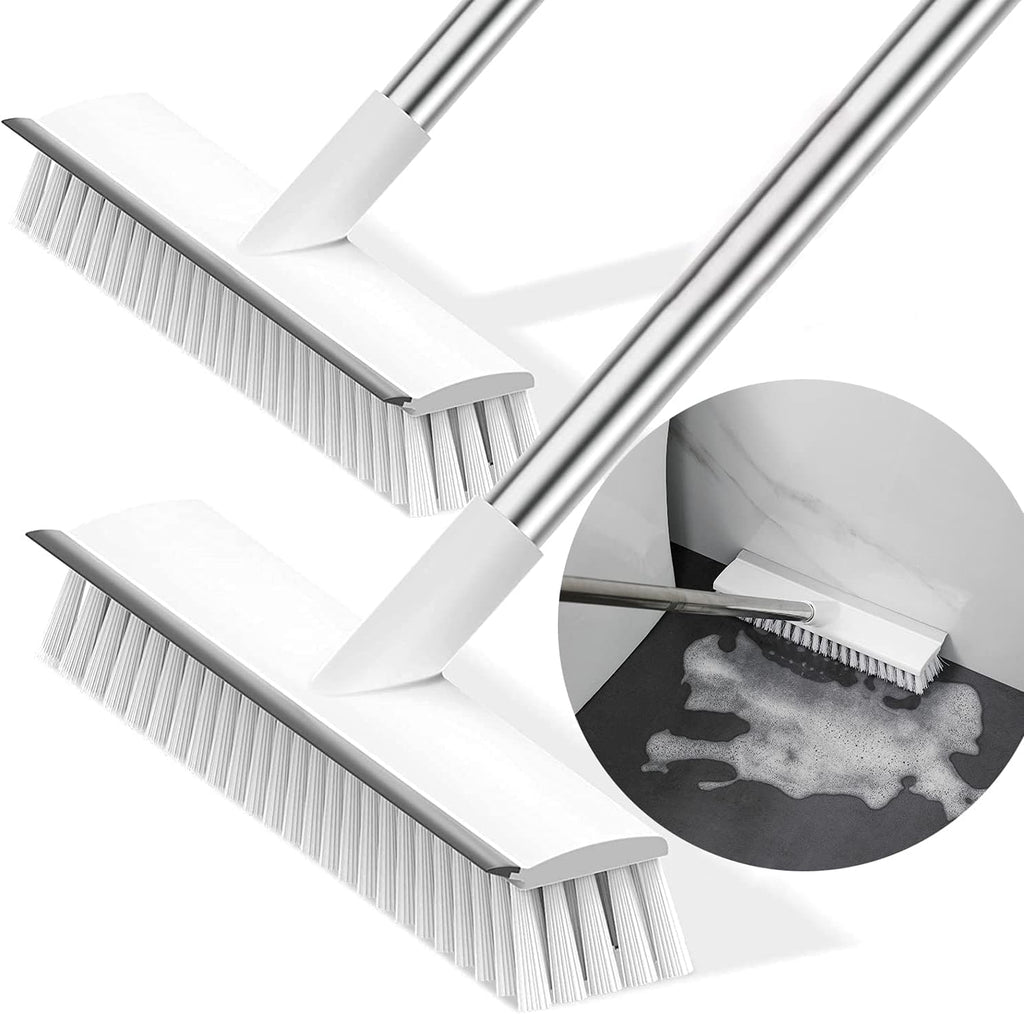 Miltion Multifunctional 2 in 1 Bathroom Cleaning Brush with Wiper, Long Handle Floor and Tiles Scrub Brush, 120° Rotating Head, White