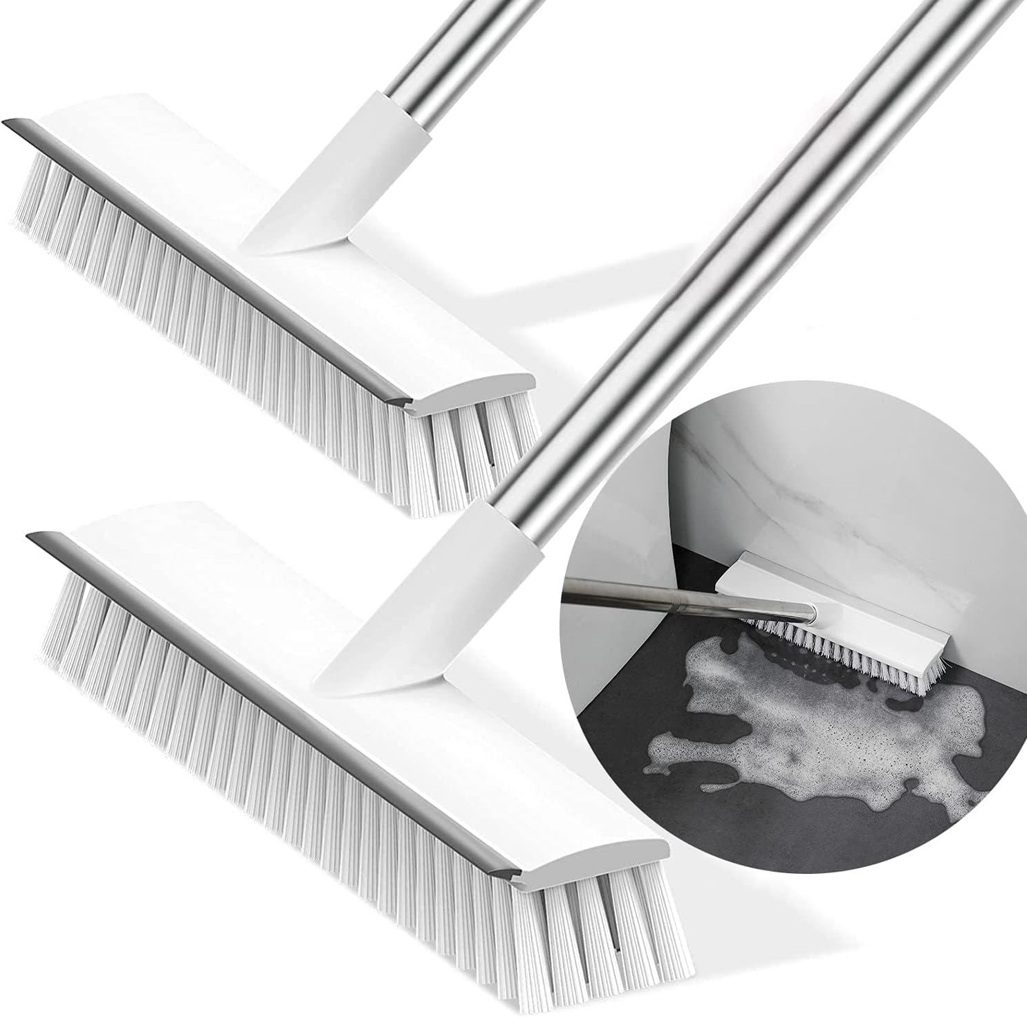 Miltion Multifunctional 2 in 1 Bathroom Cleaning Brush with Wiper, Long Handle Floor and Tiles Scrub Brush, 120° Rotating Head, White
