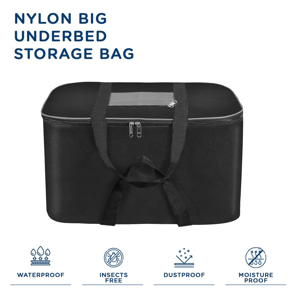 Storite Moisture Proof Nylon Large Size Foldable Underbed Storage Bag For Clothes, Blankets (54 x 46 x 28 cm) - Black, Rectangular