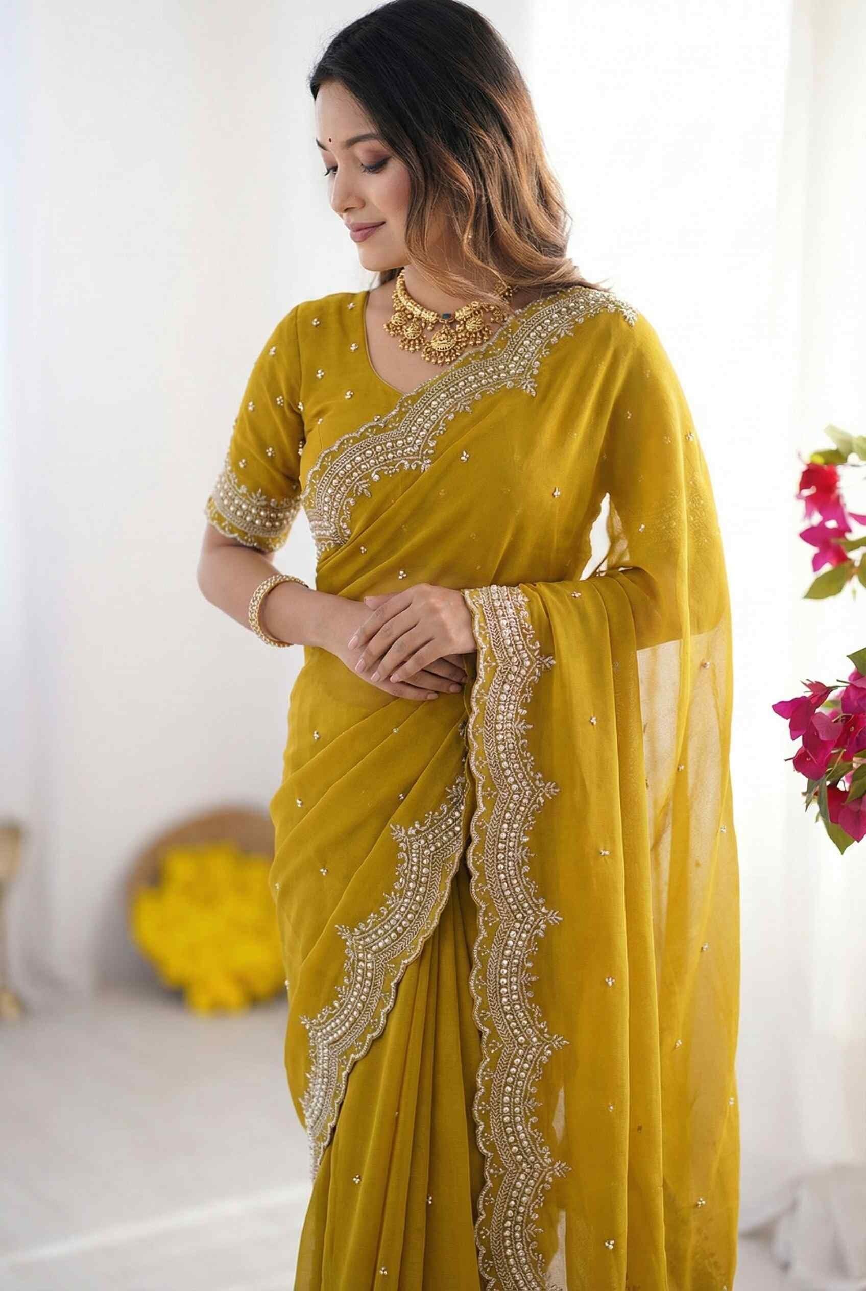 Shiv Textiles Women's Star Georgette Embroidery Work (CM-939-YELLOW)