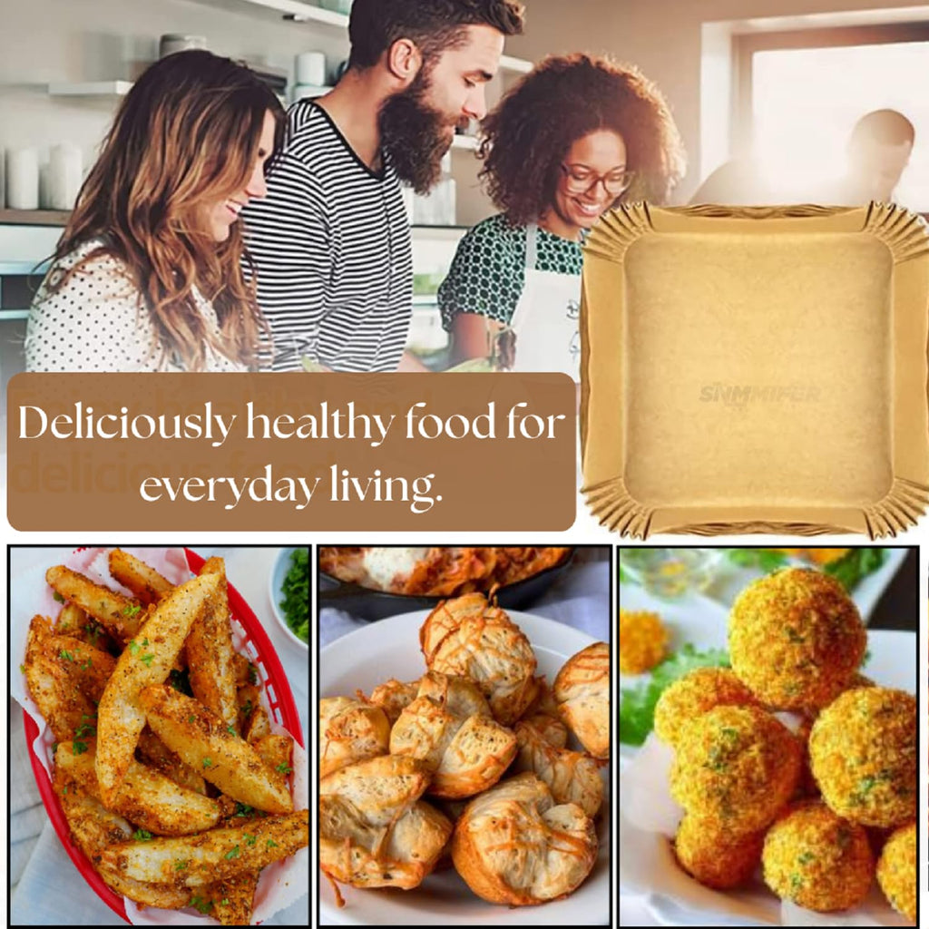 SNMMIFER Air Fryer Liners Disposable, 8 Inch Square, Unbleached Parchment Paper, Non-Stick Waterproof, for 5-8 QT Air Fryer Basket, 100 Pieces